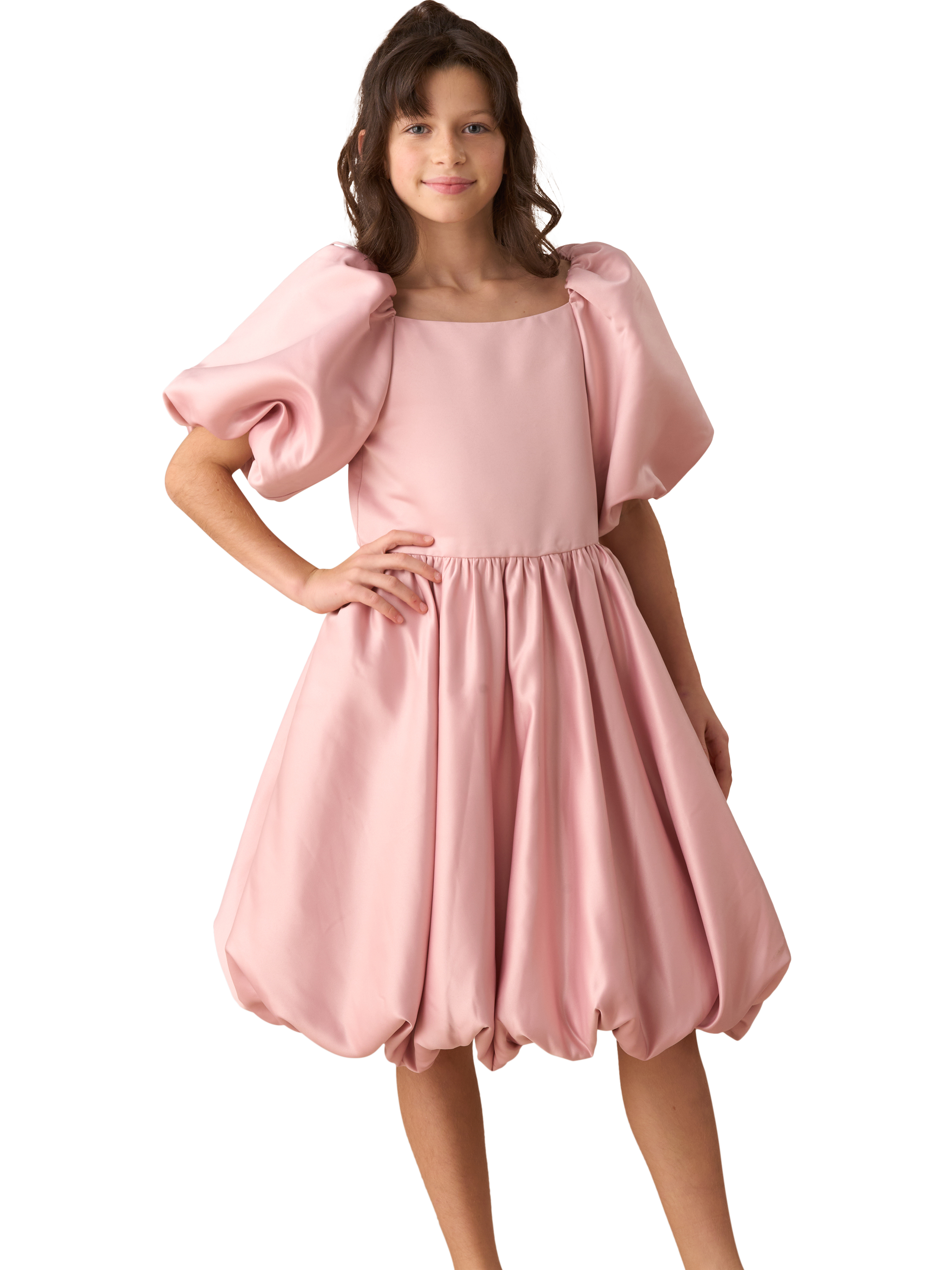 Product image 3 of 6, which shows Angel & Rocket Kids' Puffball Sleeve Satin Dress, Pink, 3 years
