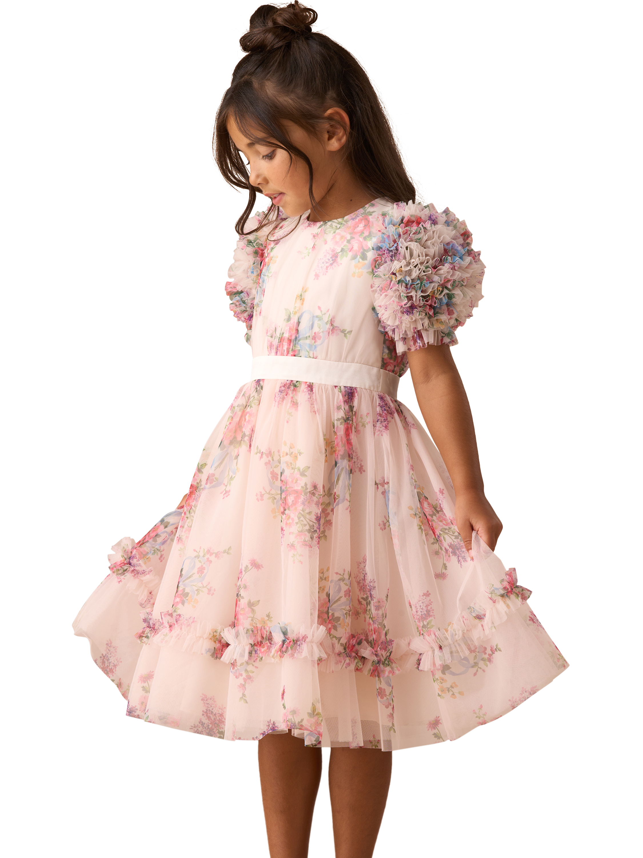Product image 1 of 7, which shows Angel & Rocket Kids' Ruffle Sleeve Mesh Dress, Natural/Multi, 2 years