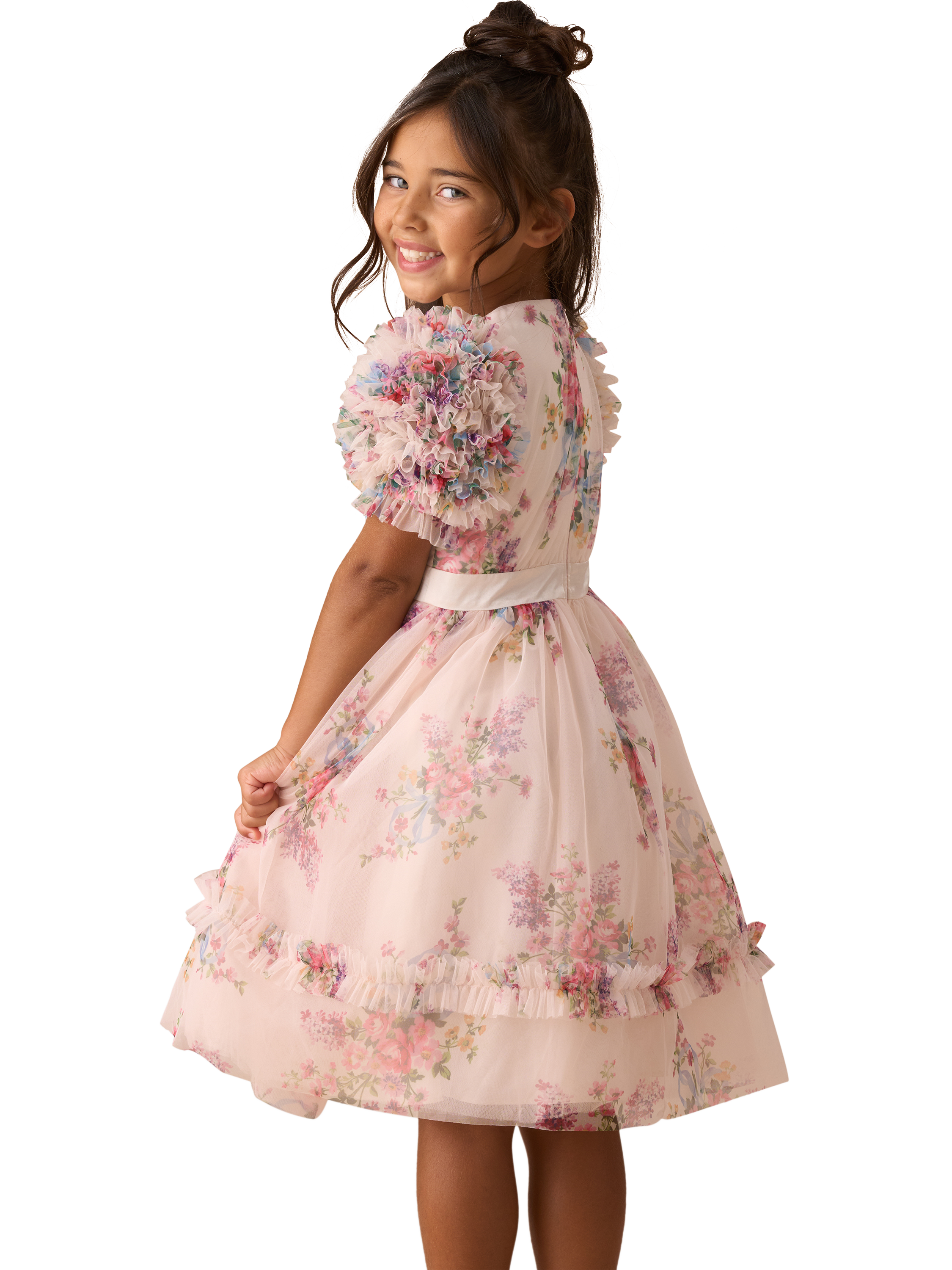 Product image 2 of 7, which shows Angel & Rocket Kids' Ruffle Sleeve Mesh Dress, Natural/Multi, 2 years