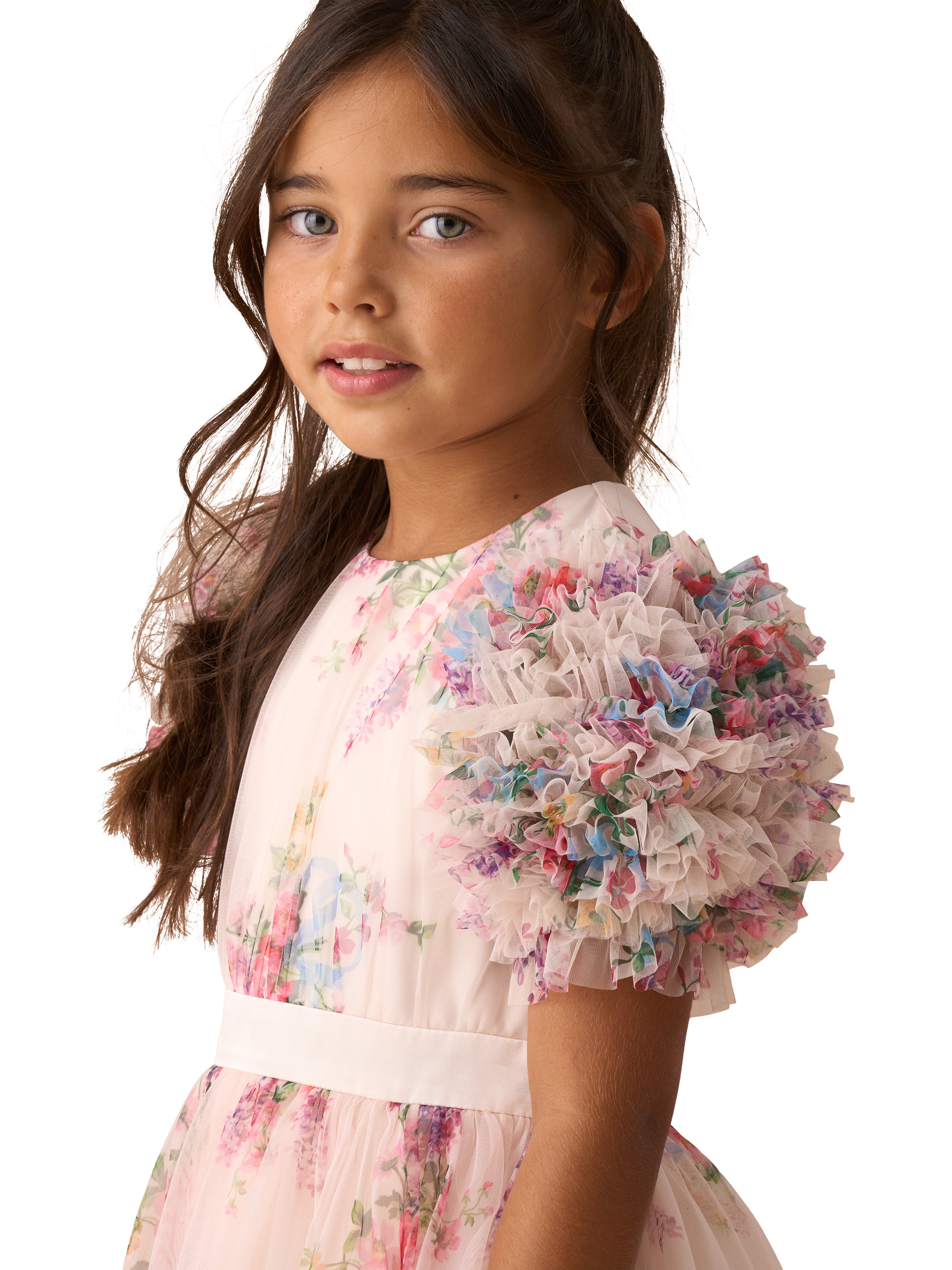 Product image 3 of 7, which shows Angel & Rocket Kids' Ruffle Sleeve Mesh Dress, Natural/Multi, 2 years