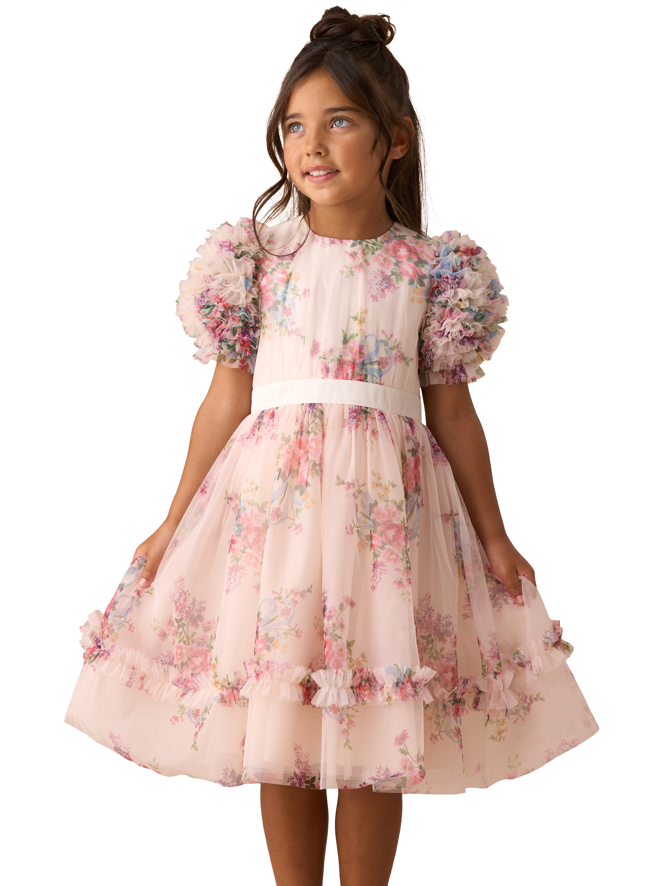 Product image 4 of 7, which shows Angel & Rocket Kids' Ruffle Sleeve Mesh Dress, Natural/Multi, 2 years