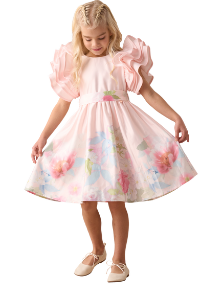 Angel & Rocket Kids' Ruffle Sleeve Dress, Pink/Multi, Pink/Multi
