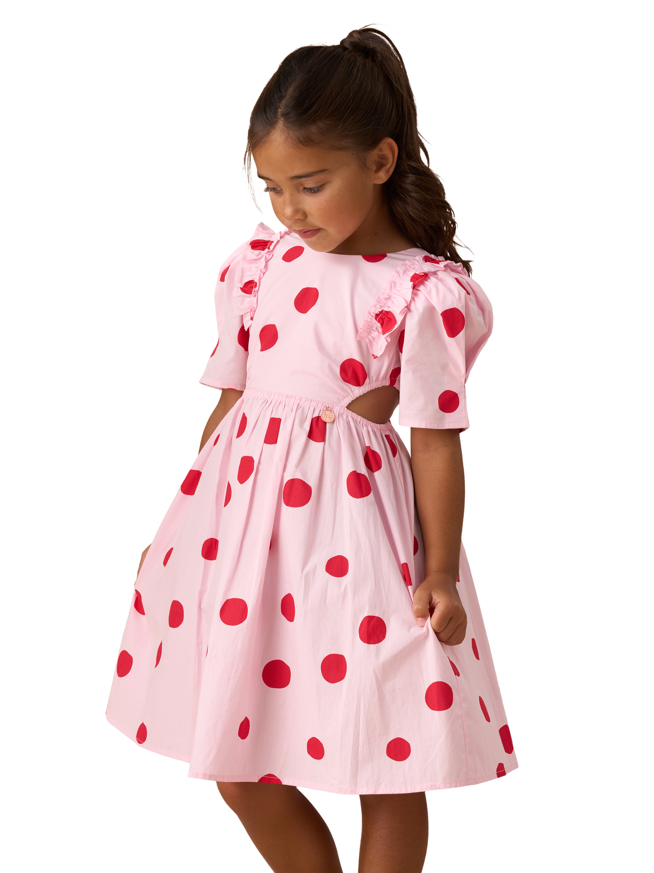 Product image 1 of 7, which shows Angel & Rocket Kids' Spot Puff Sleeve Dress, Pink/Red, 10 years