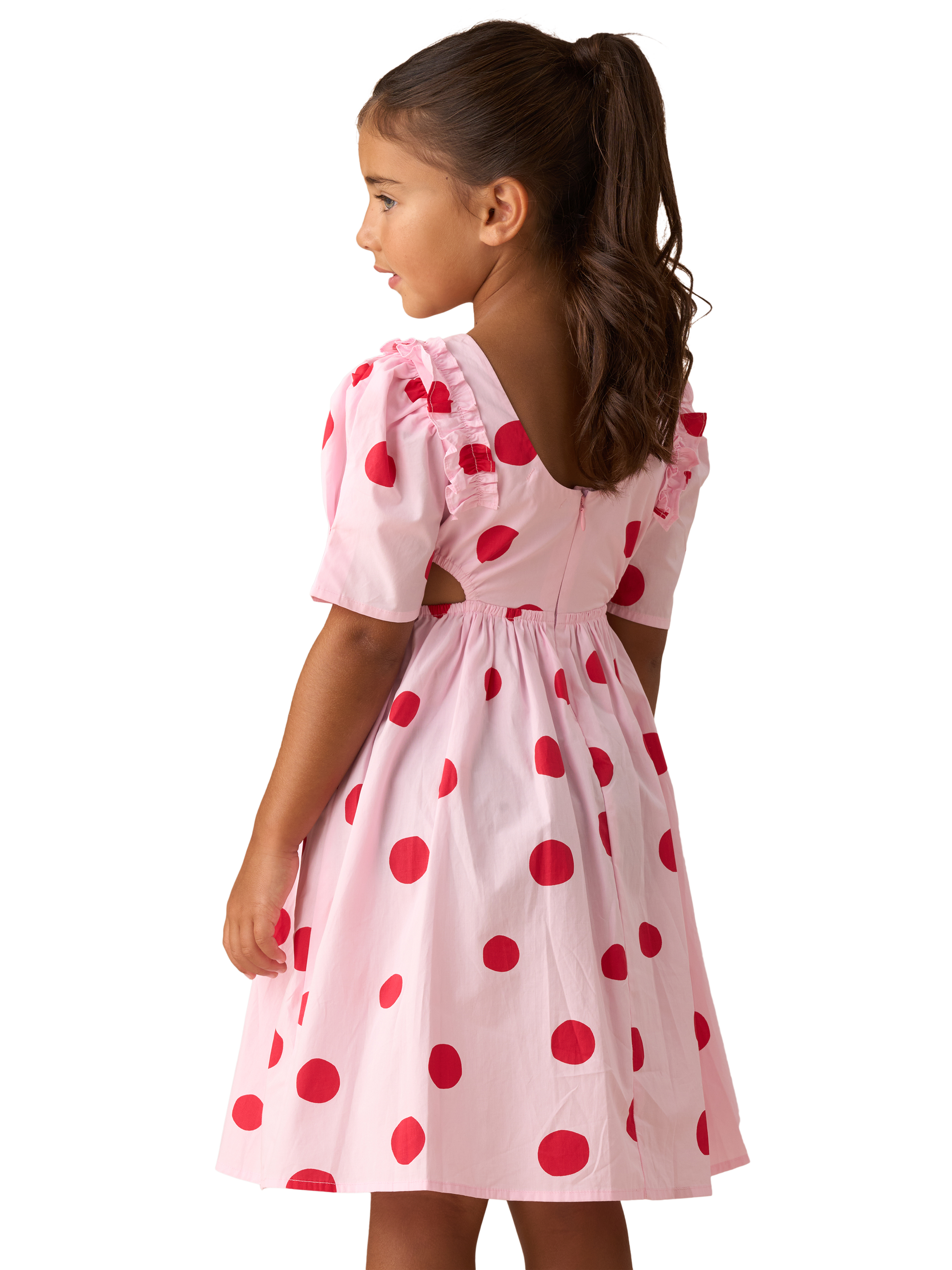 Product image 2 of 7, which shows Angel & Rocket Kids' Spot Puff Sleeve Dress, Pink/Red, 10 years