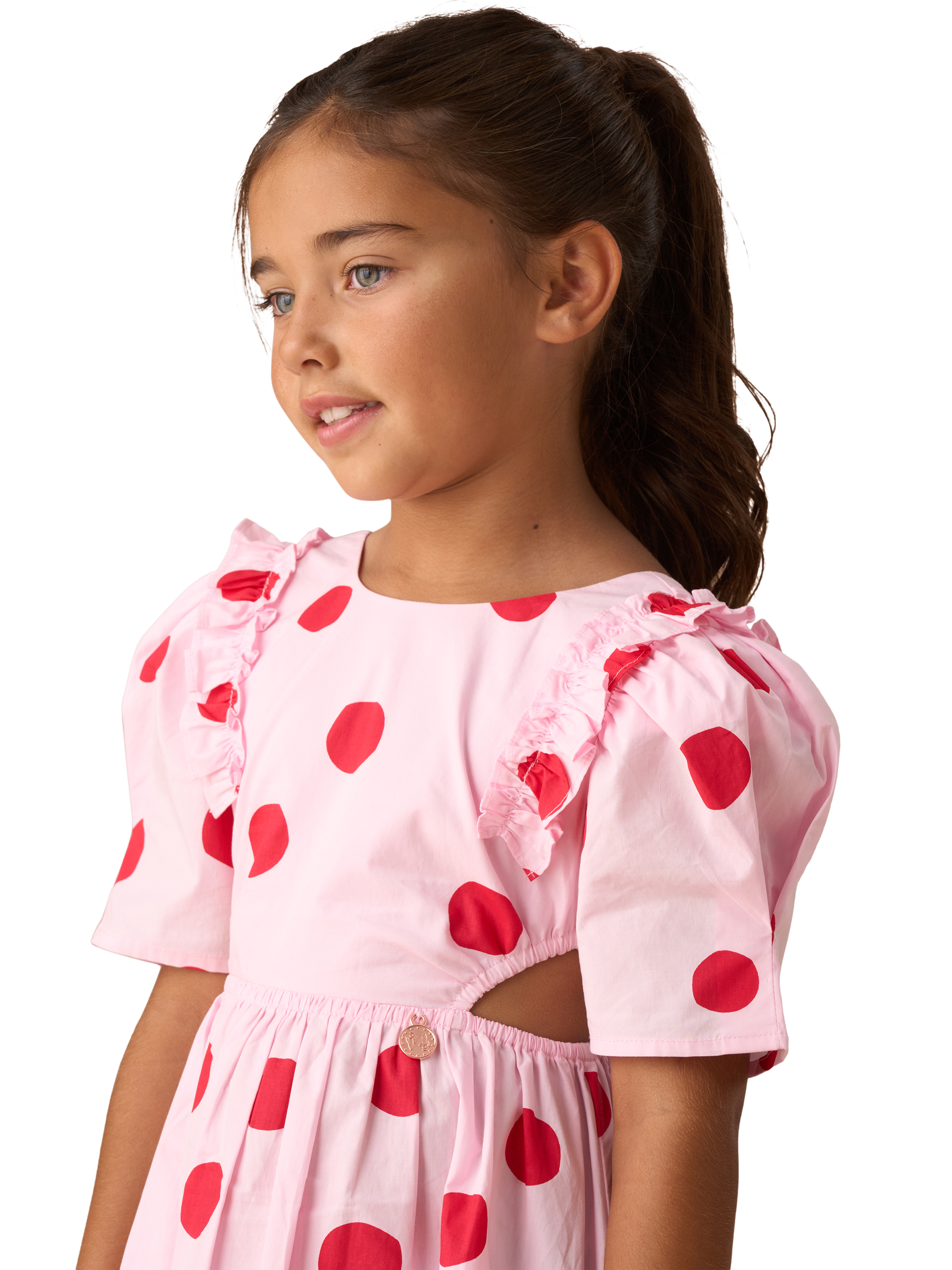 Product image 3 of 7, which shows Angel & Rocket Kids' Spot Puff Sleeve Dress, Pink/Red, 10 years