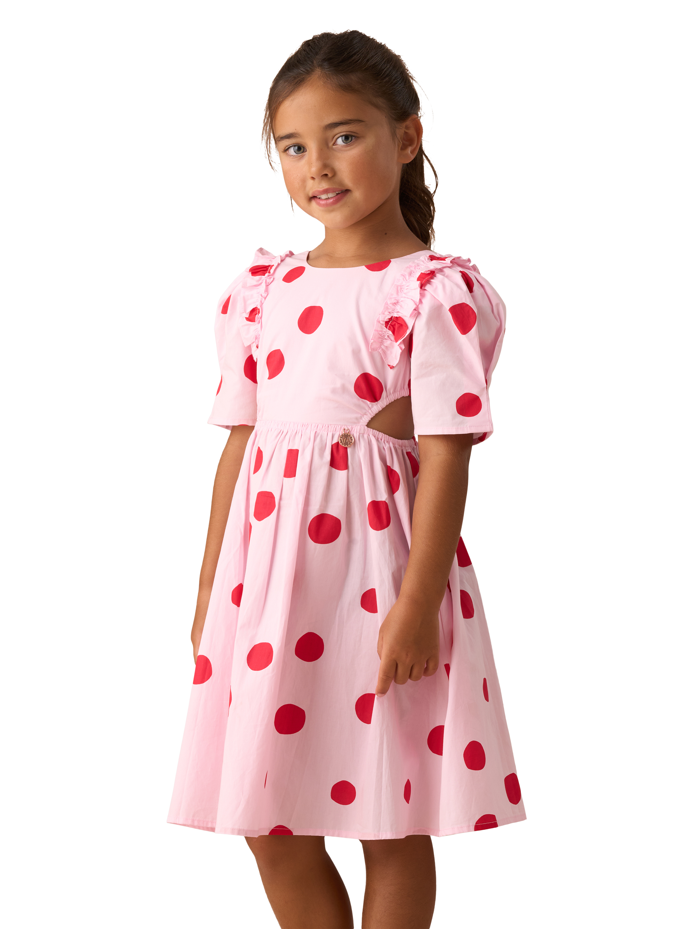 Product image 4 of 7, which shows Angel & Rocket Kids' Spot Puff Sleeve Dress, Pink/Red, 10 years