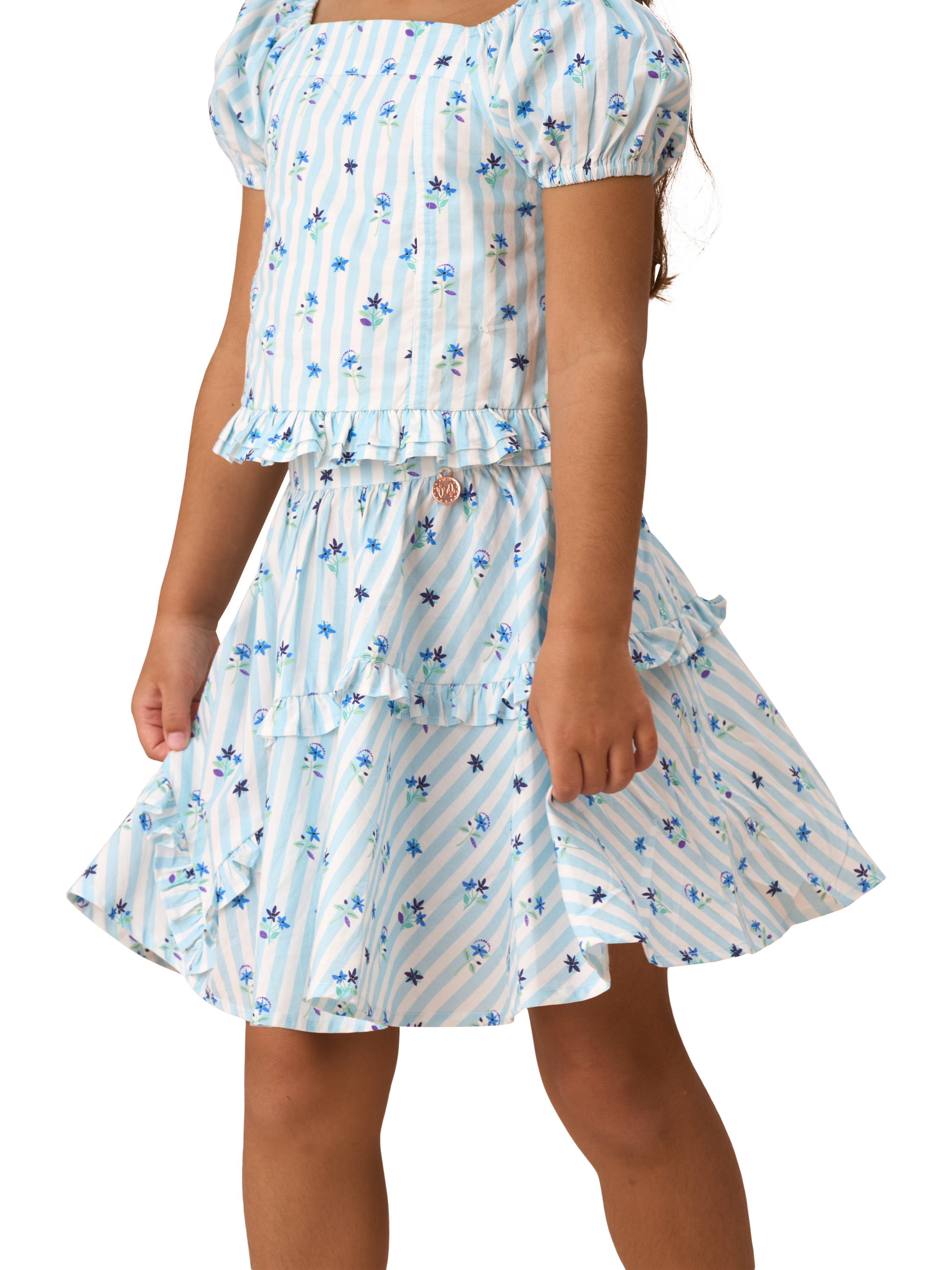 Product image 1 of 8, which shows Angel & Rocket Kids' Pia Print Frill Skirt, Blue, 3 years