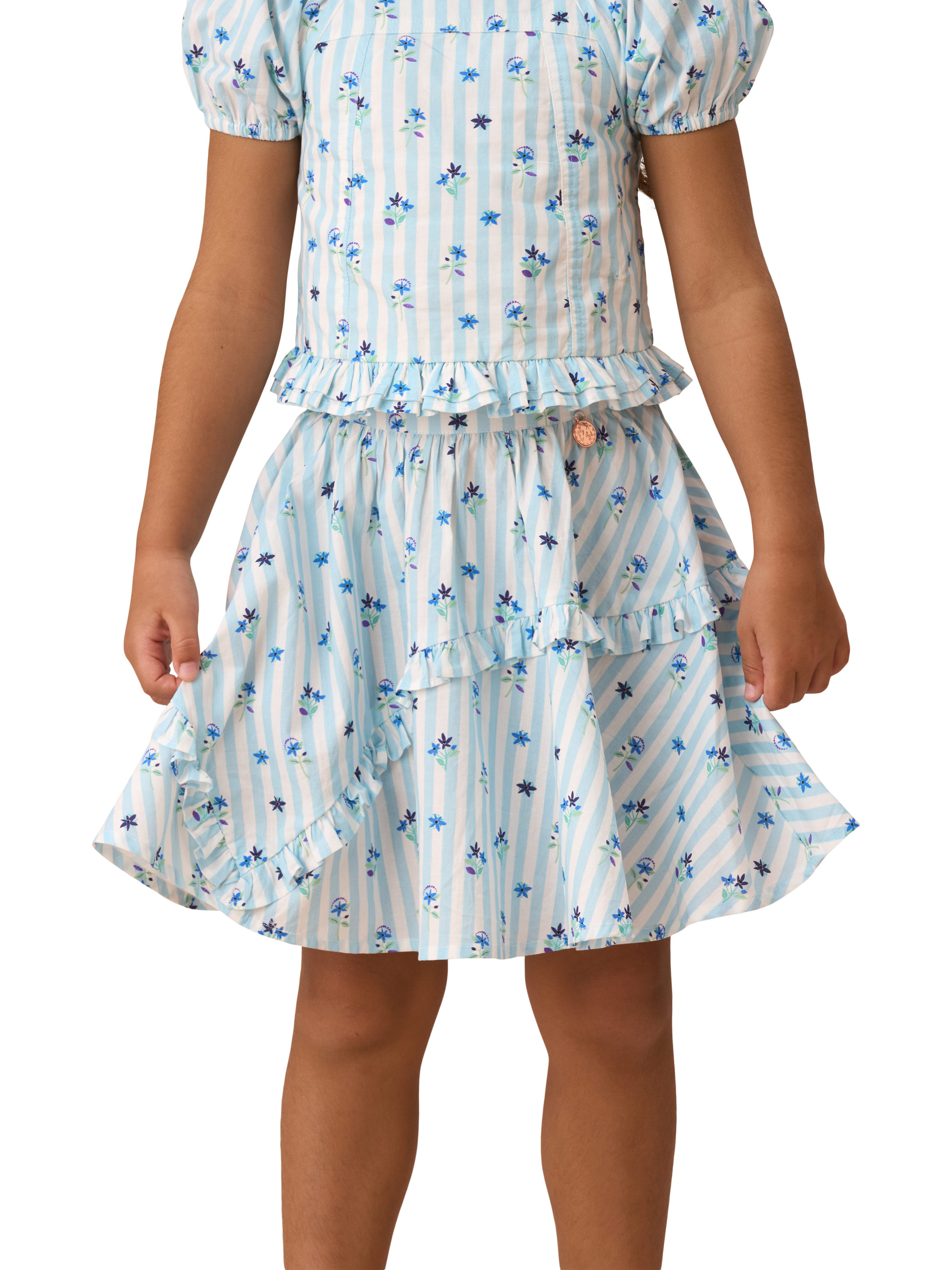 Product image 3 of 8, which shows Angel & Rocket Kids' Pia Print Frill Skirt, Blue, 3 years
