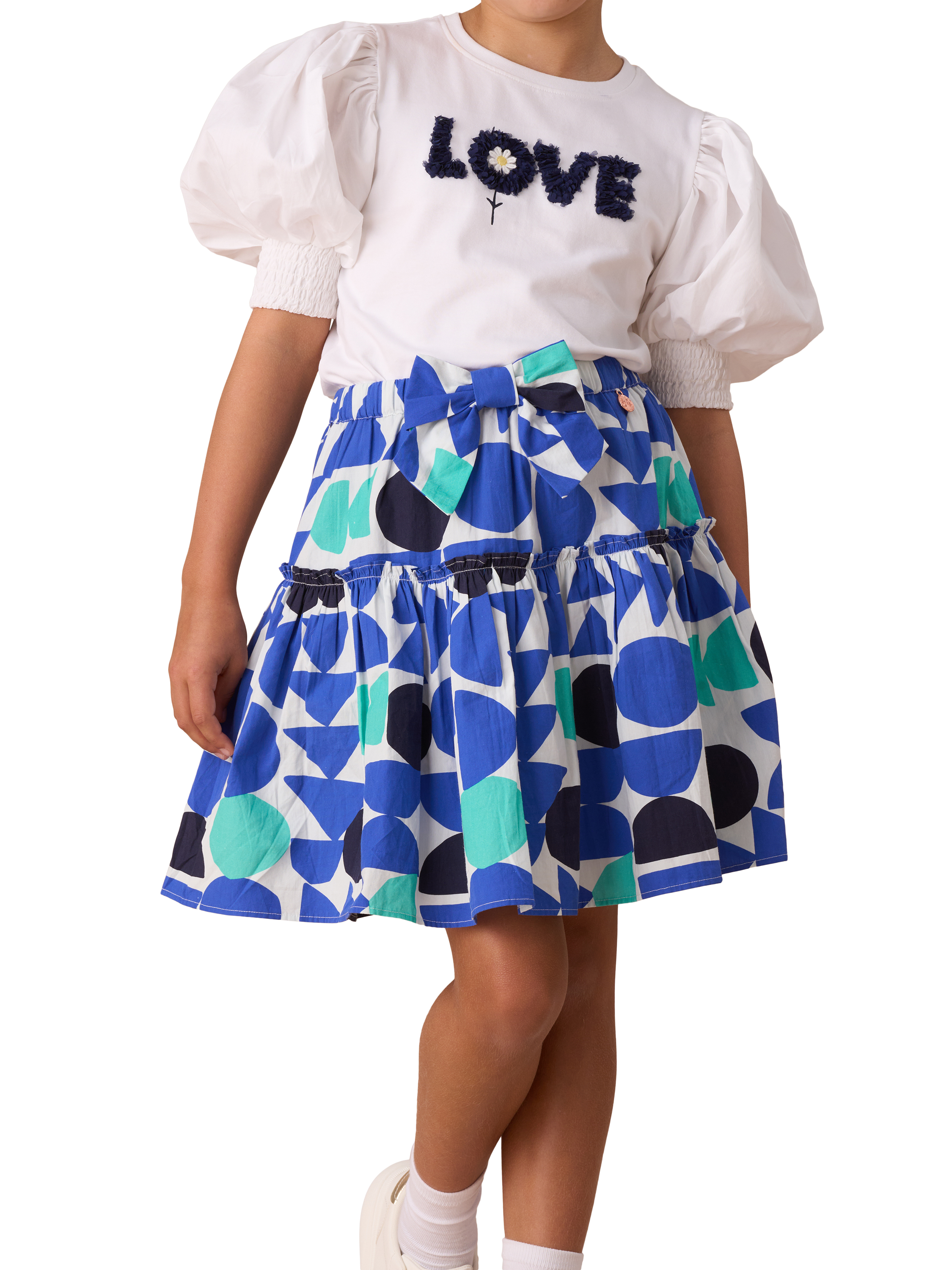 Product image 1 of 6, which shows Angel & Rocket Kids' Print Tiered Skirt, Blue/Multi, 2 years