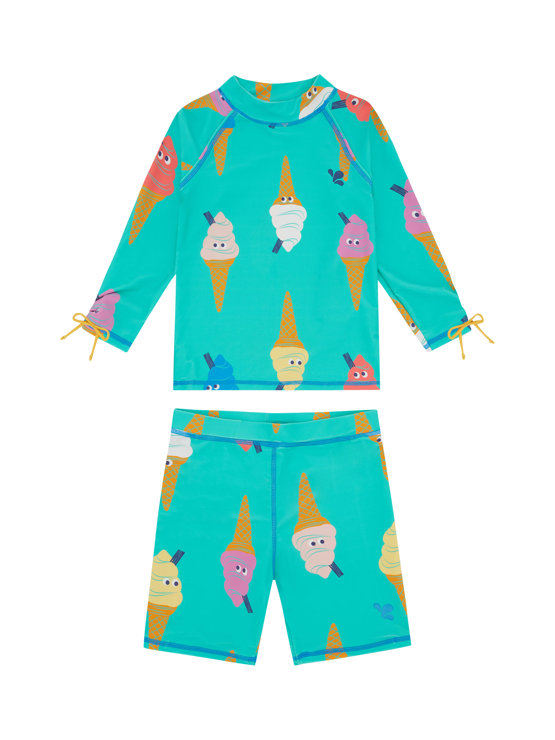 Product image 1 of 5, which shows Muddy Puddles Kids' UV Ice Cream Print Rash Vest & Shorts Surf Set, Green, 12-18 months