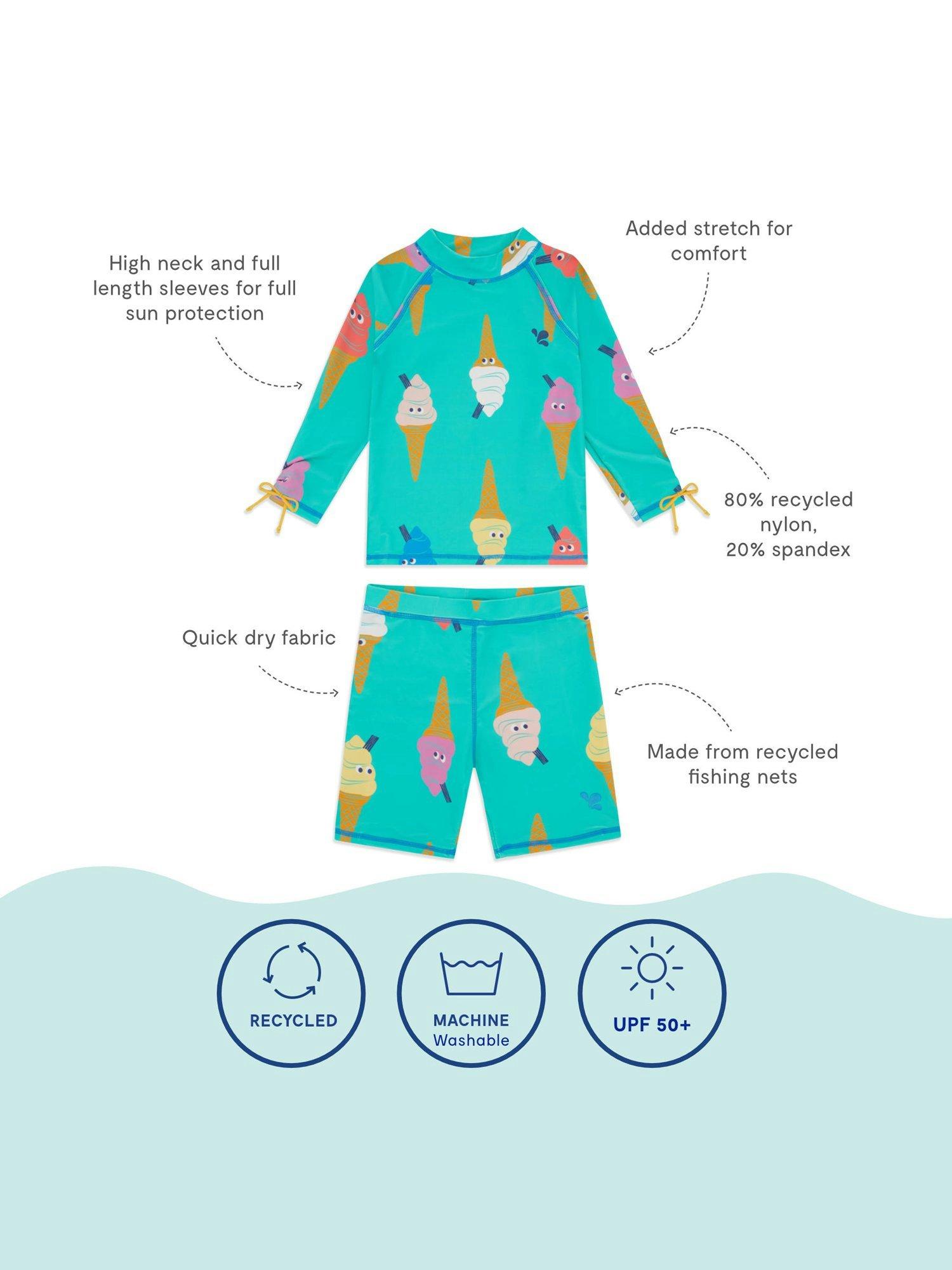 Product image 4 of 5, which shows Muddy Puddles Kids' UV Ice Cream Print Rash Vest & Shorts Surf Set, Green, 12-18 months