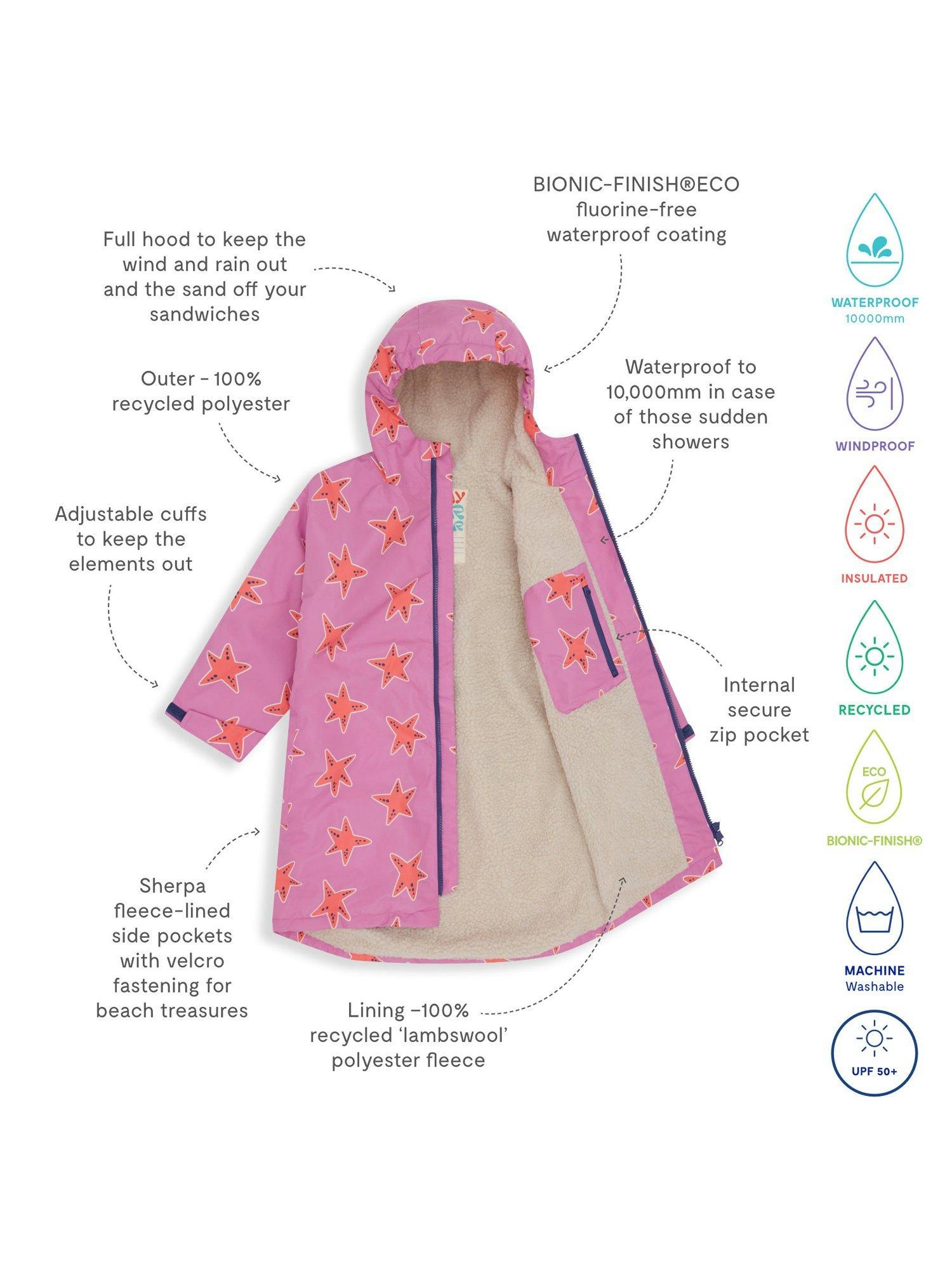 Product image 4 of 6, which shows Muddy Puddles Kids' Starfish Waterproof Robe, Pink/Multi, 2-3 years
