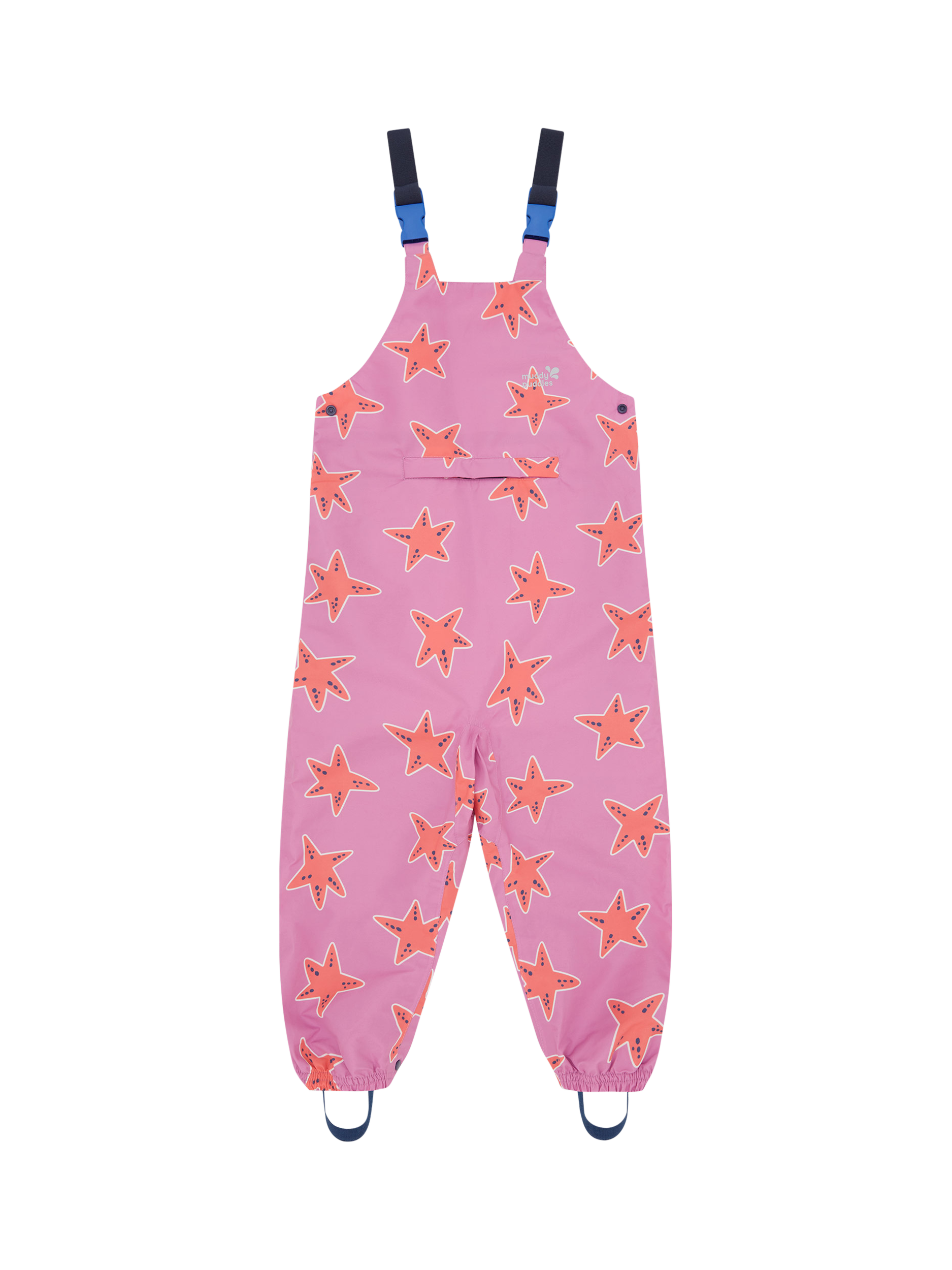 Product image 1 of 6, which shows Muddy Puddles Kids' EcoLight Waterproof Lightweight Star Dungarees, Pink/Multi, 12-18 months
