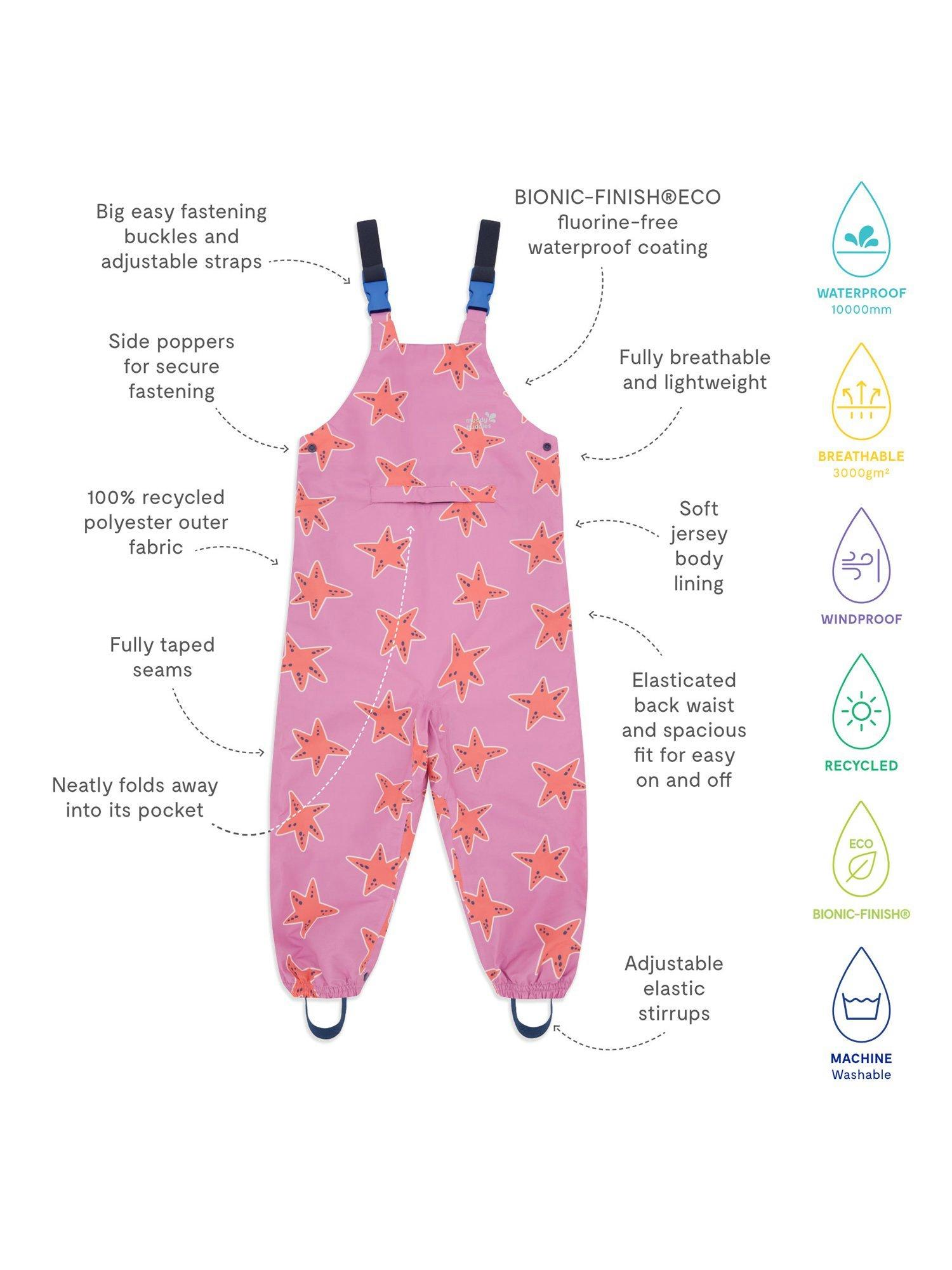 Product image 5 of 6, which shows Muddy Puddles Kids' EcoLight Waterproof Lightweight Star Dungarees, Pink/Multi, 12-18 months