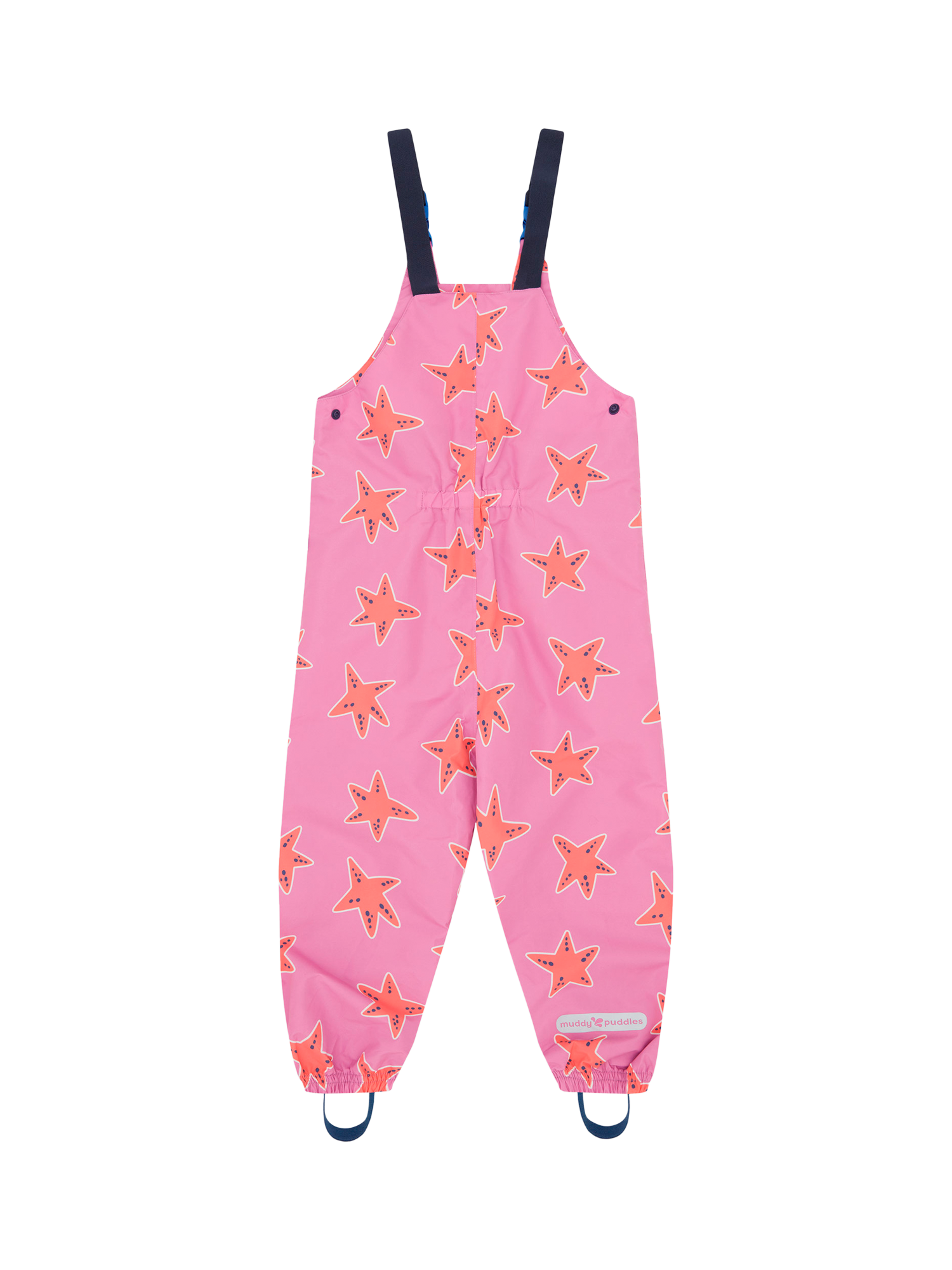 Product image 6 of 6, which shows Muddy Puddles Kids' EcoLight Waterproof Lightweight Star Dungarees, Pink/Multi, 12-18 months