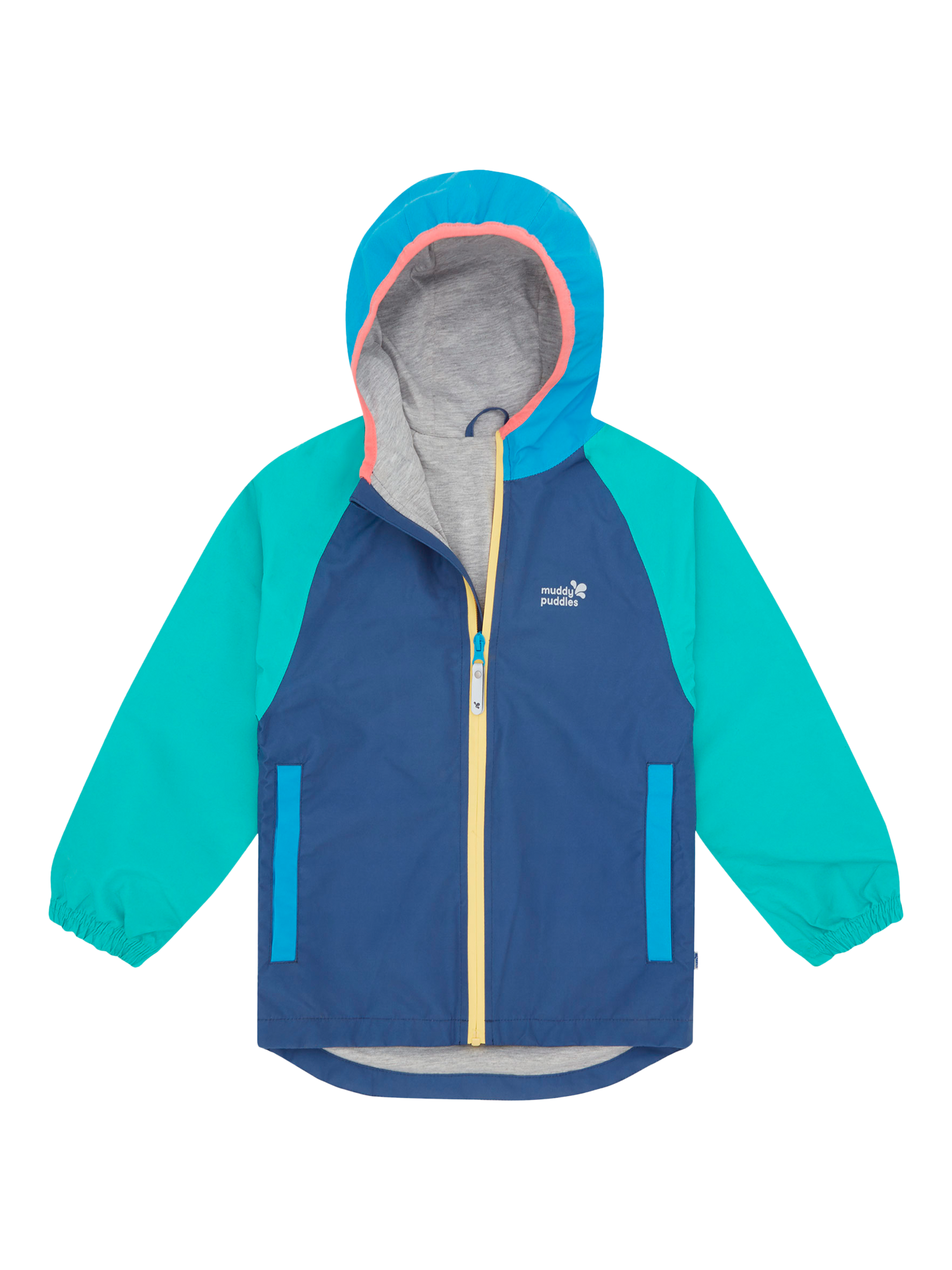 Product image 1 of 6, which shows Muddy Puddles Kids' EcoLight Waterproof Lightweight Colour Block Jacket, Blue/Green, 12-18 months