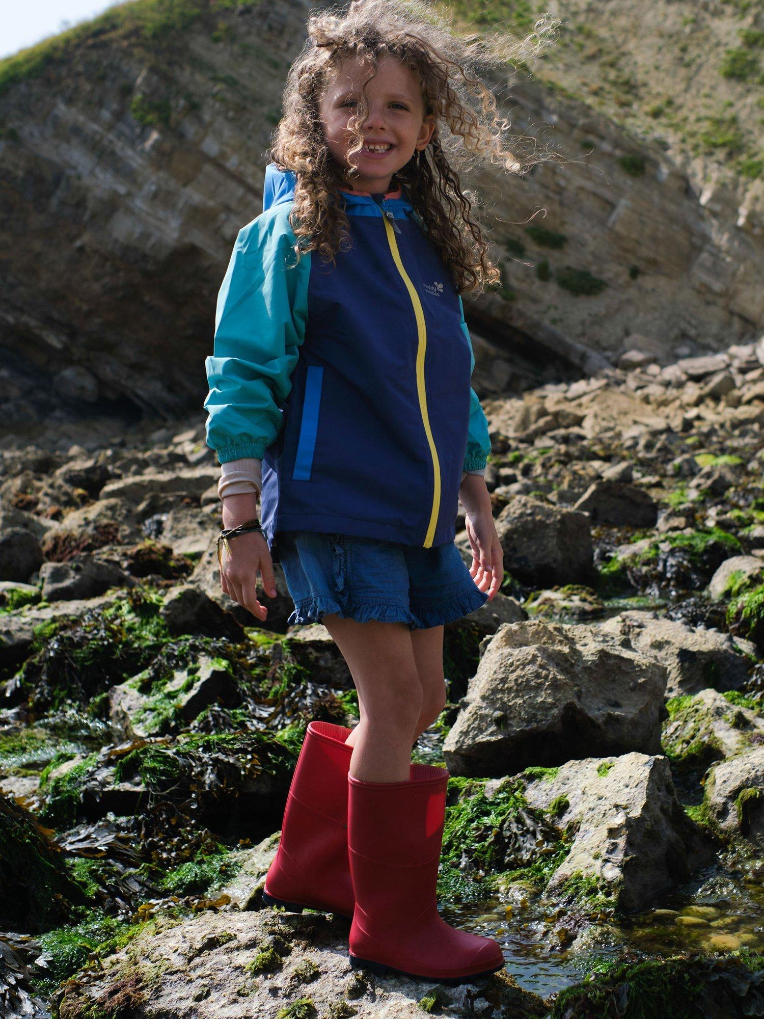 Product image 2 of 6, which shows Muddy Puddles Kids' EcoLight Waterproof Lightweight Colour Block Jacket, Blue/Green, 12-18 months