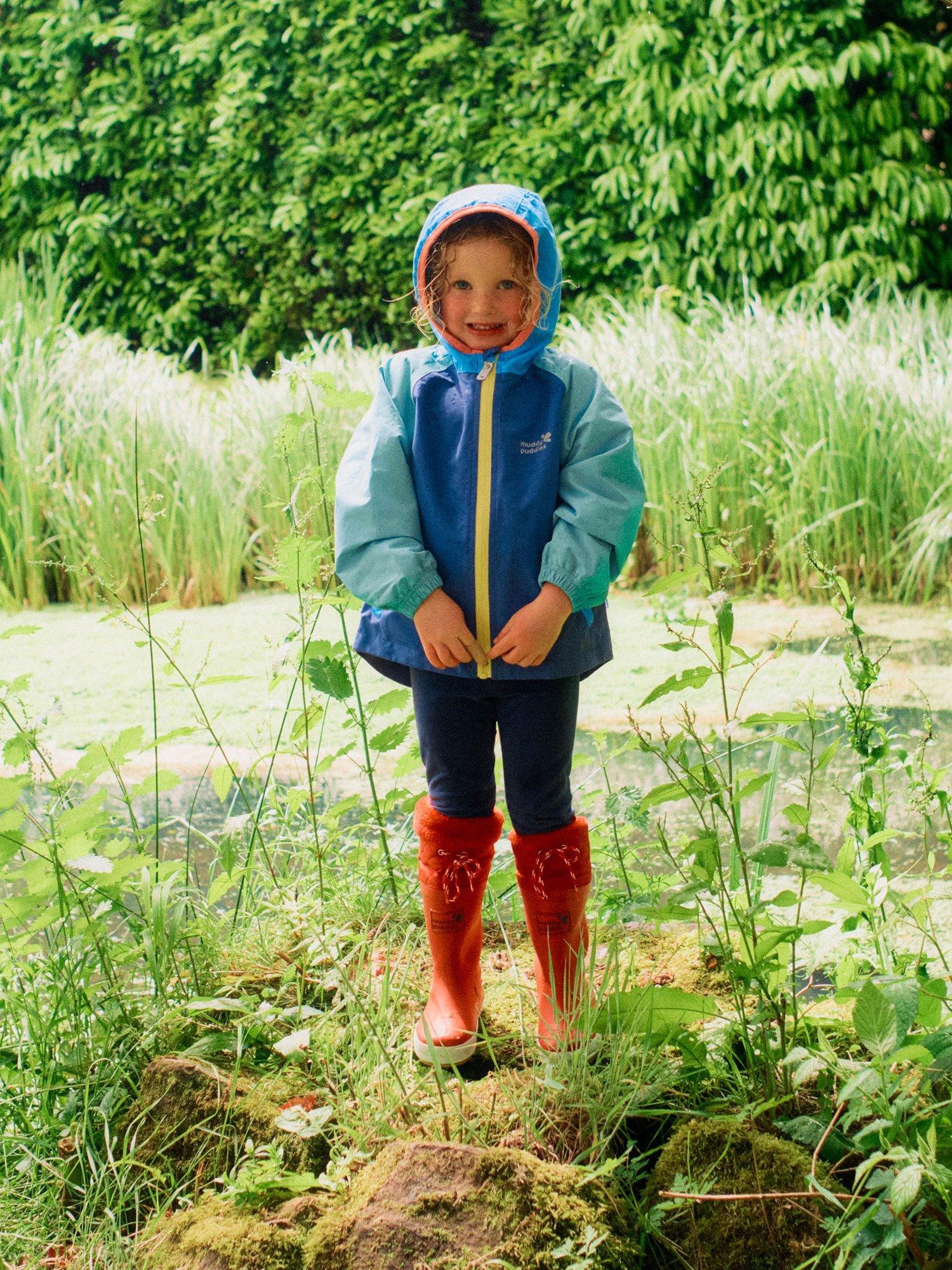 Product image 4 of 6, which shows Muddy Puddles Kids' EcoLight Waterproof Lightweight Colour Block Jacket, Blue/Green, 12-18 months