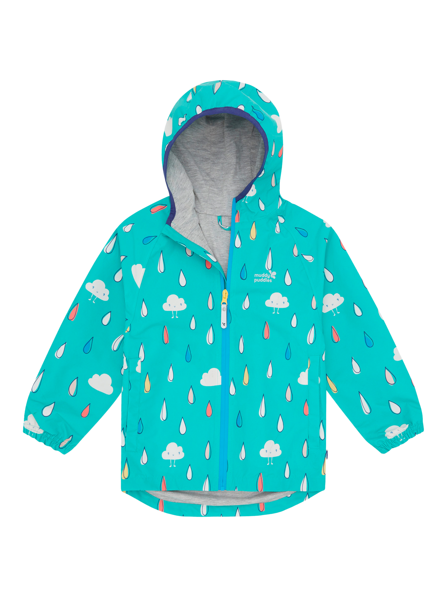Product image 1 of 5, which shows Muddy Puddles Kids' EcoLight Waterproof Lightweight Raindrops & Clouds Jacket, Turquoise/Multi, 12-18 months