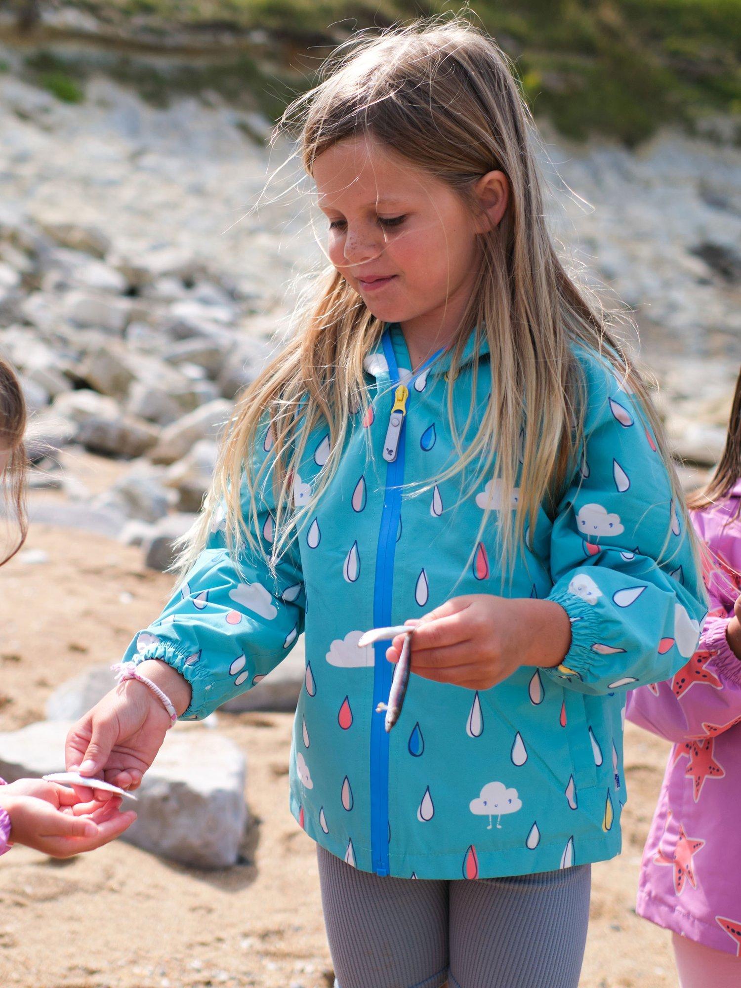Product image 2 of 5, which shows Muddy Puddles Kids' EcoLight Waterproof Lightweight Raindrops & Clouds Jacket, Turquoise/Multi, 12-18 months