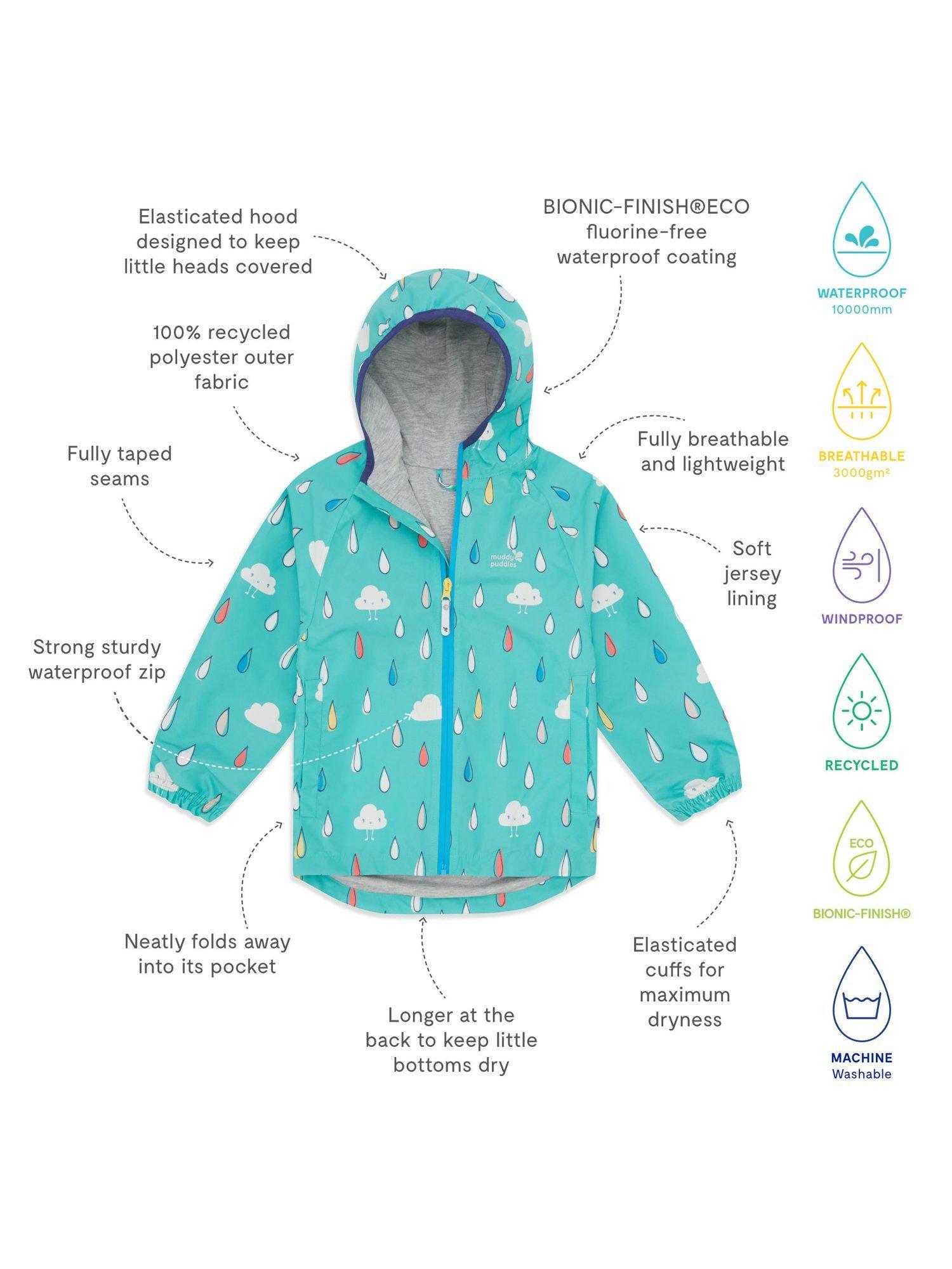 Product image 4 of 5, which shows Muddy Puddles Kids' EcoLight Waterproof Lightweight Raindrops & Clouds Jacket, Turquoise/Multi, 12-18 months