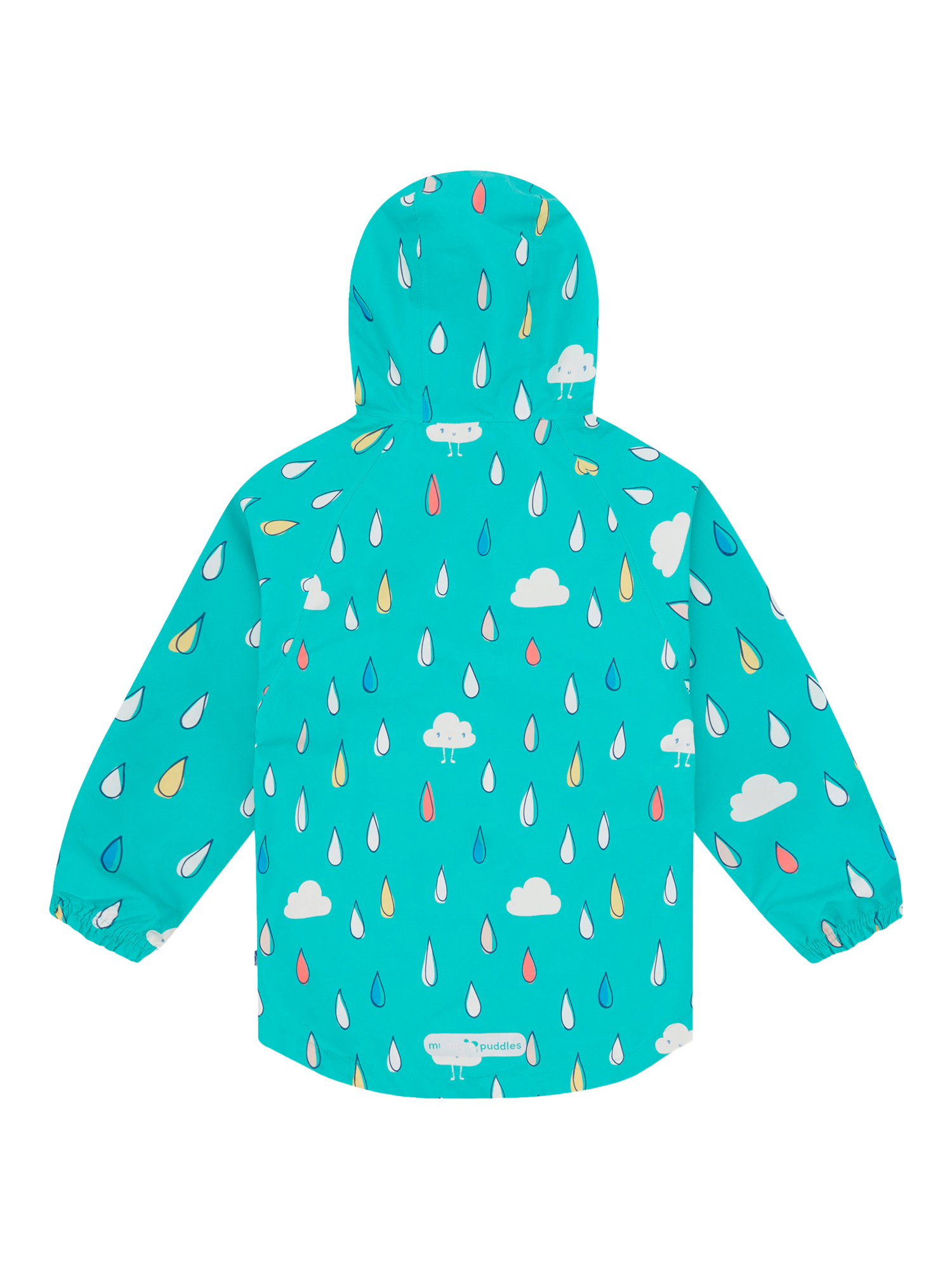 Product image 5 of 5, which shows Muddy Puddles Kids' EcoLight Waterproof Lightweight Raindrops & Clouds Jacket, Turquoise/Multi, 12-18 months