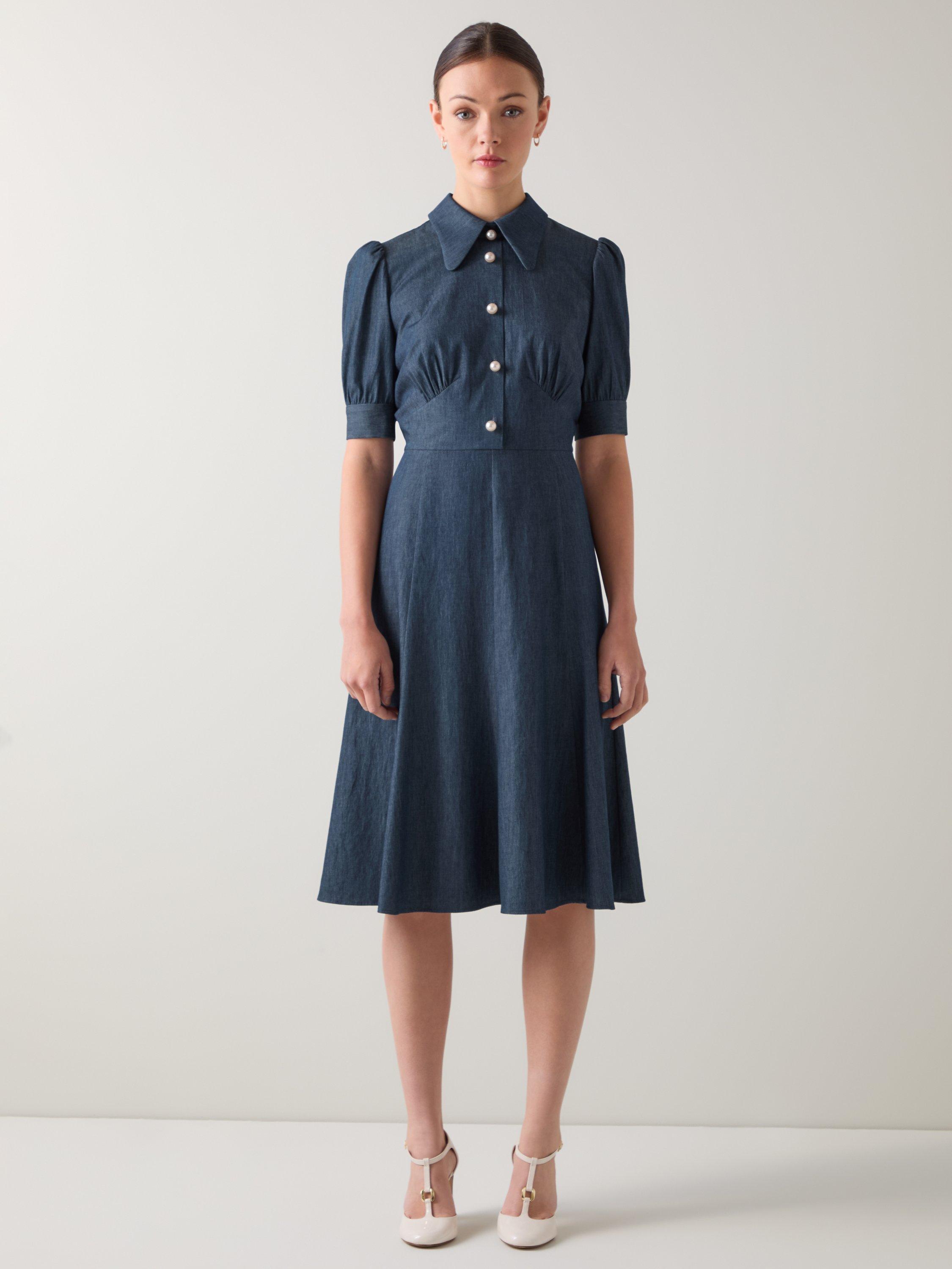 Product image 1 of 5, which shows L.K.Bennett Esme Chambray Flared Dress, Blue, 12