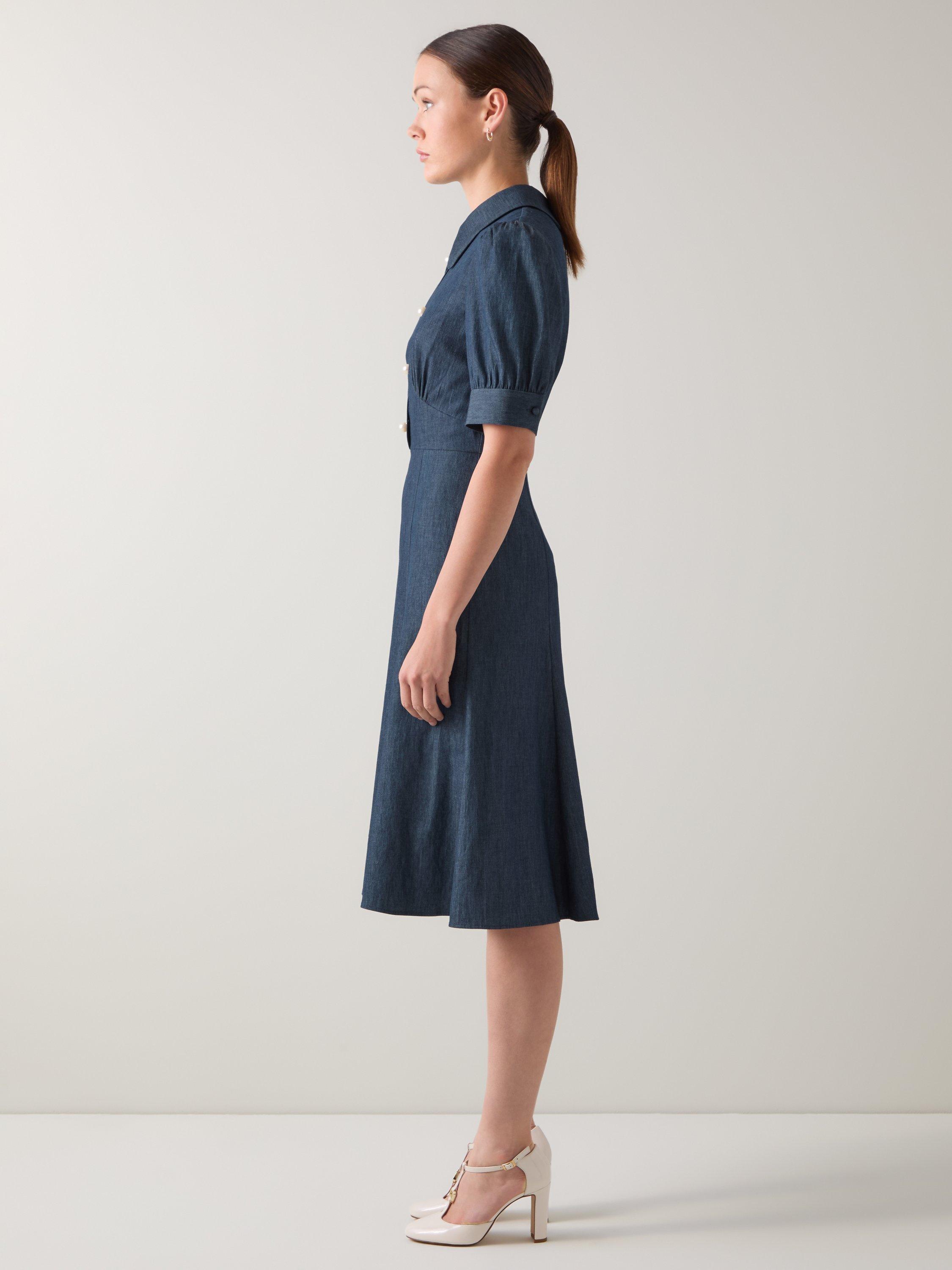 Product image 2 of 5, which shows L.K.Bennett Esme Chambray Flared Dress, Blue, 12