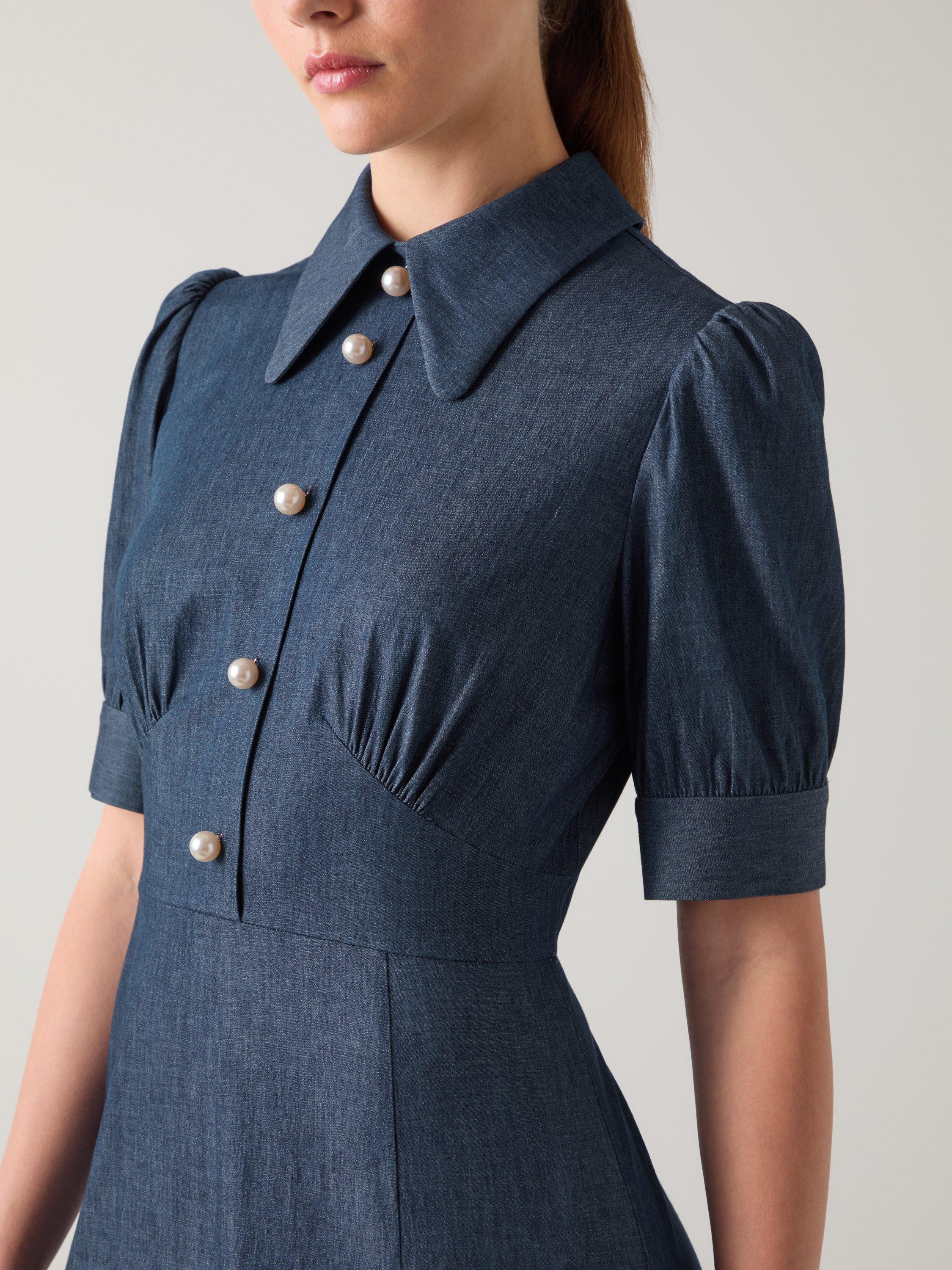 Product image 3 of 5, which shows L.K.Bennett Esme Chambray Flared Dress, Blue, 12