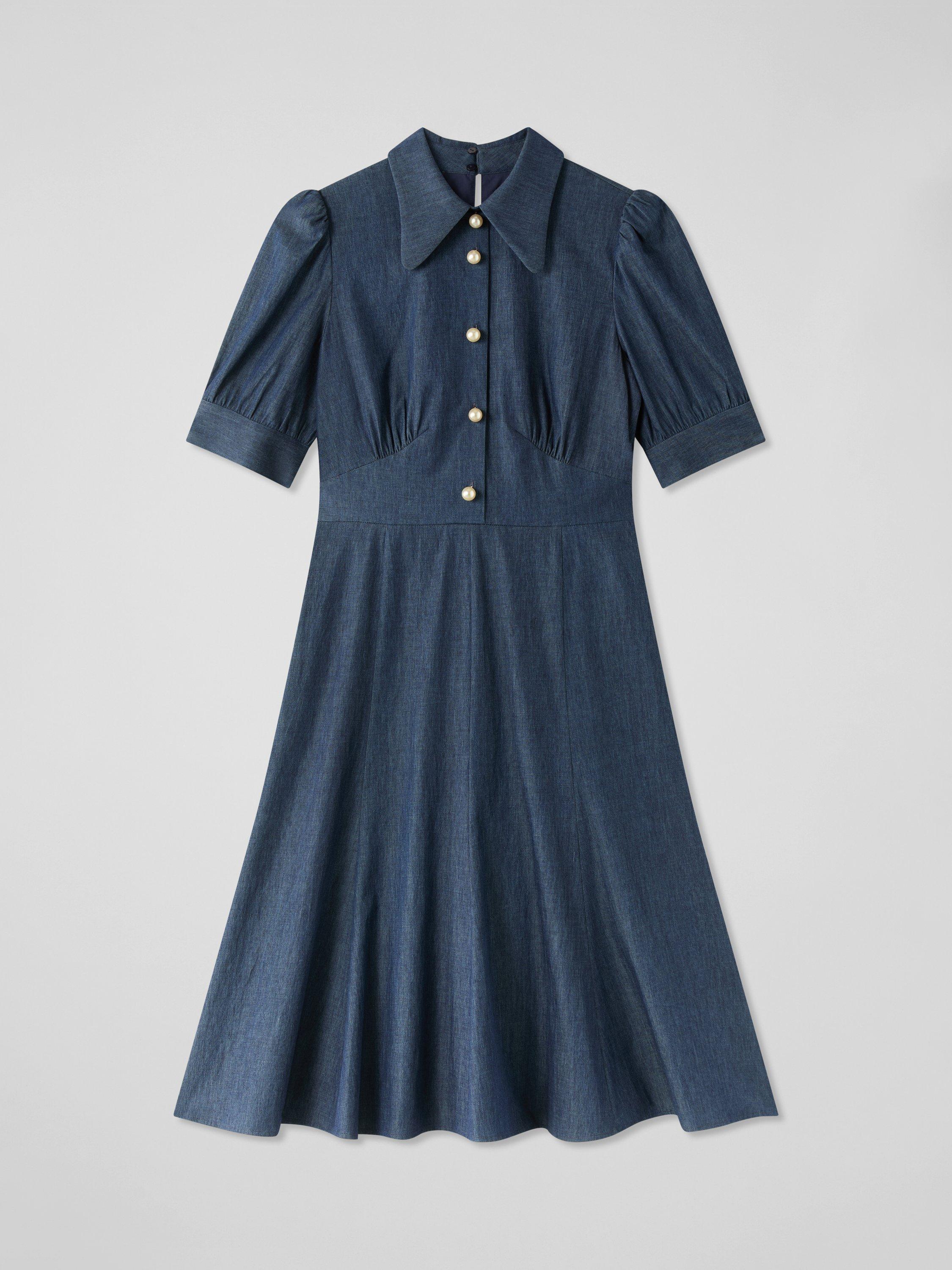 Product image 5 of 5, which shows L.K.Bennett Esme Chambray Flared Dress, Blue, 12