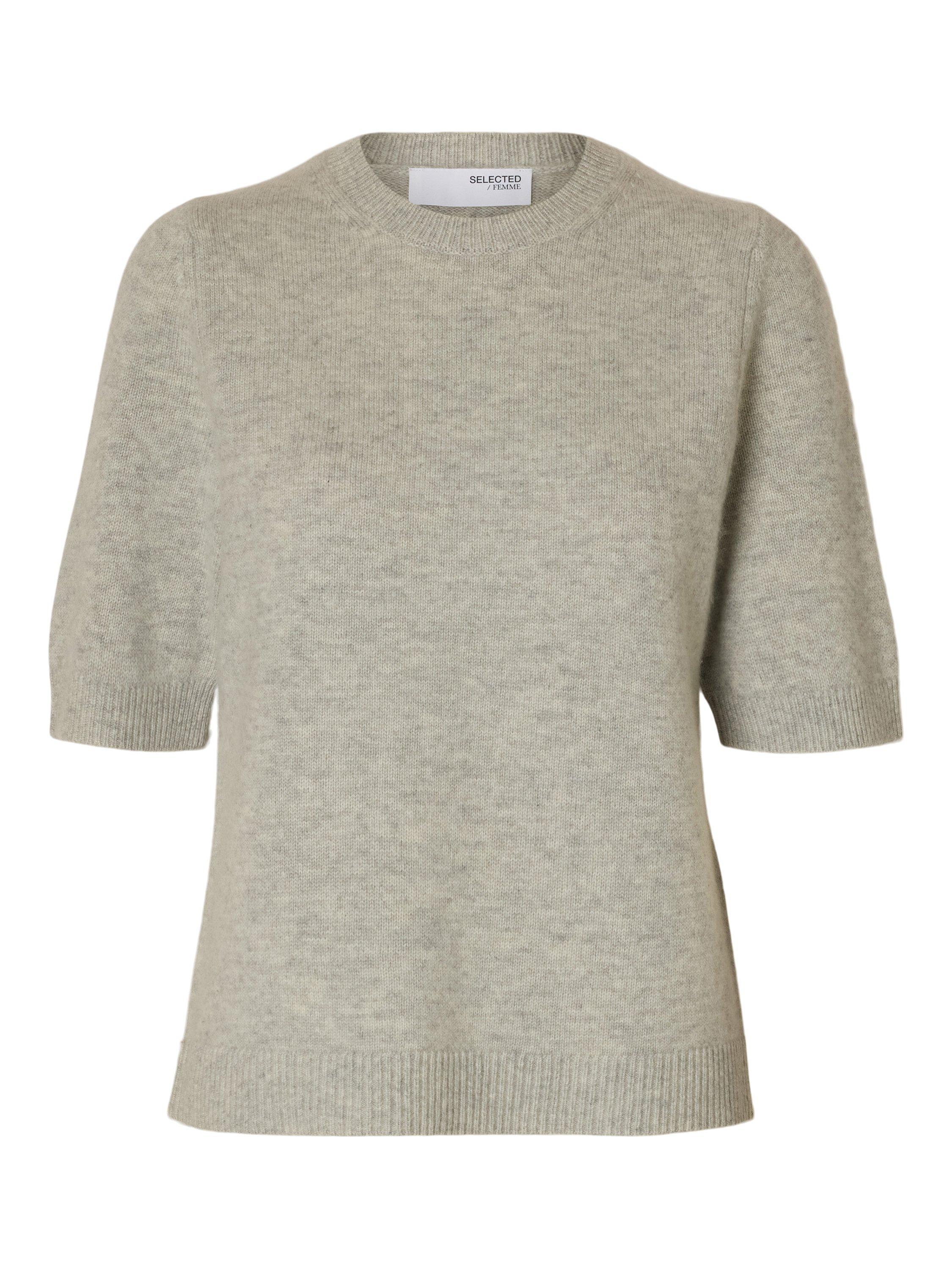 Product image 6 of 6, which shows Selected Cille Wool Cashmere Blend Short Sleeve Jumper, Light Grey Melange, M