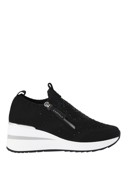 Carvela High Rise Zip Knit Trainers, Black, Black