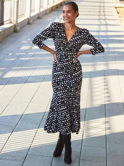Sosandar Spot Ruched Midi Dress, Black/White, Black/White