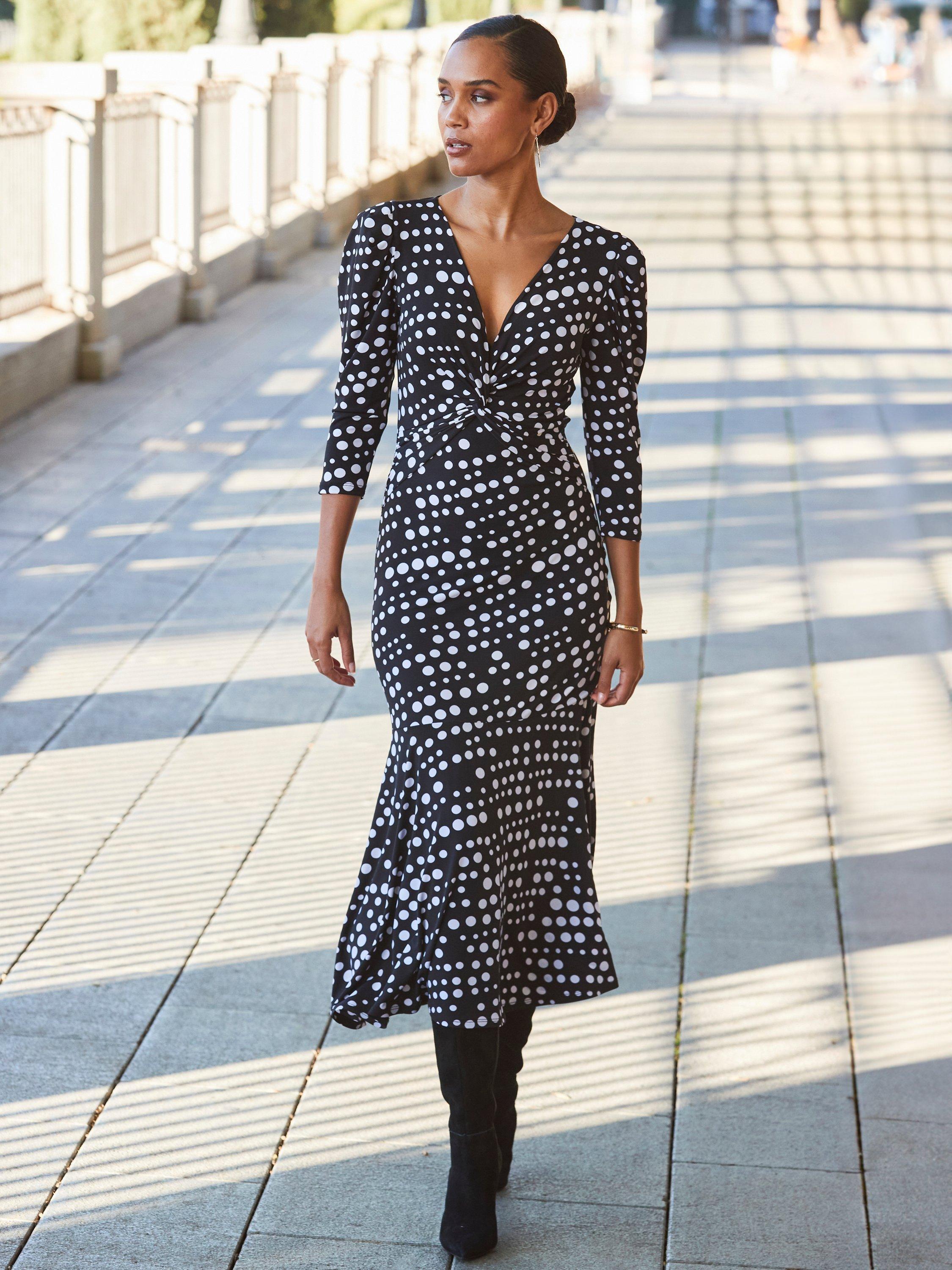 Product image 2 of 5, which shows Sosandar Spot Ruched Midi Dress, Black/White, 10