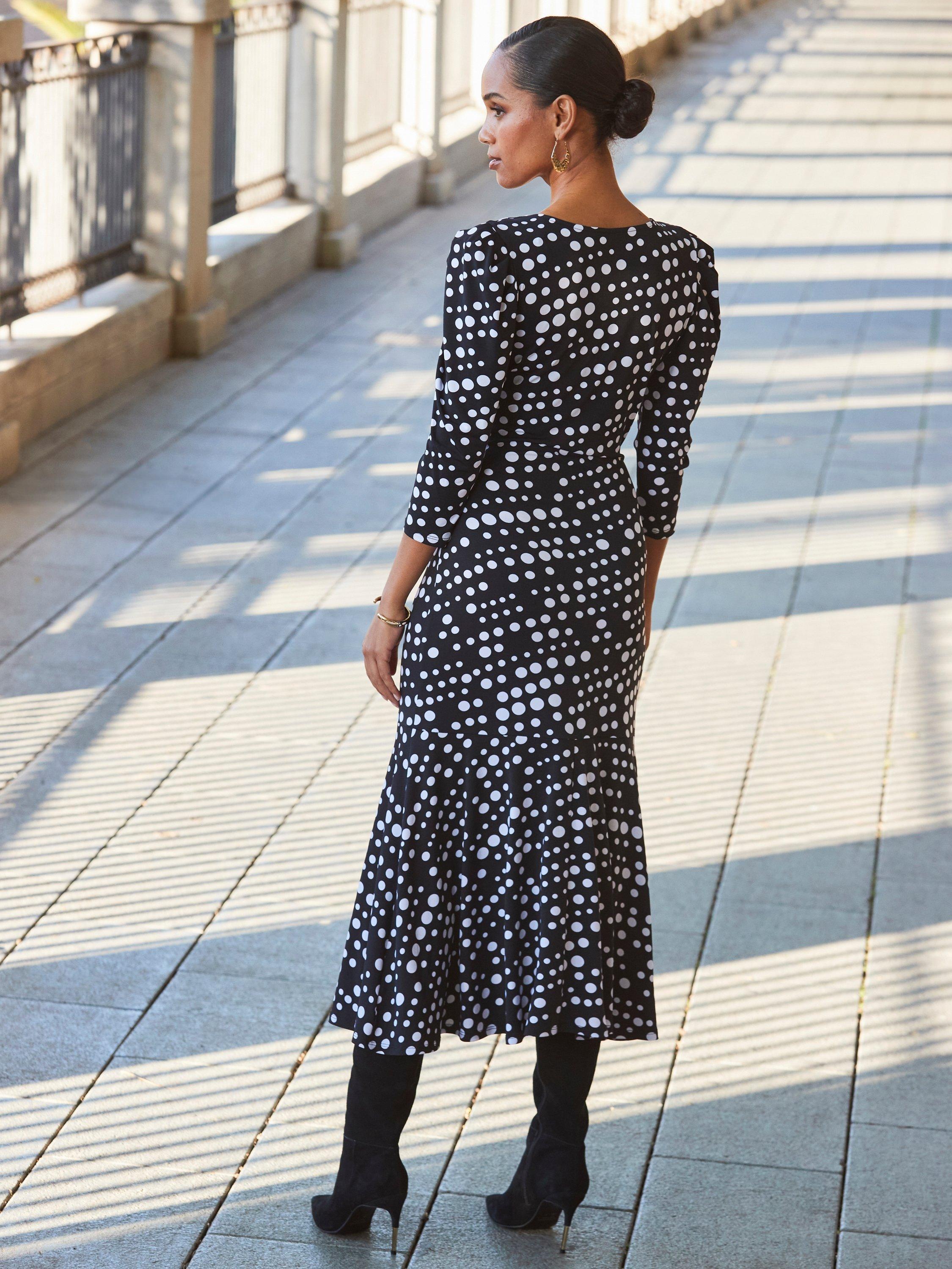 Product image 3 of 5, which shows Sosandar Spot Ruched Midi Dress, Black/White, 10