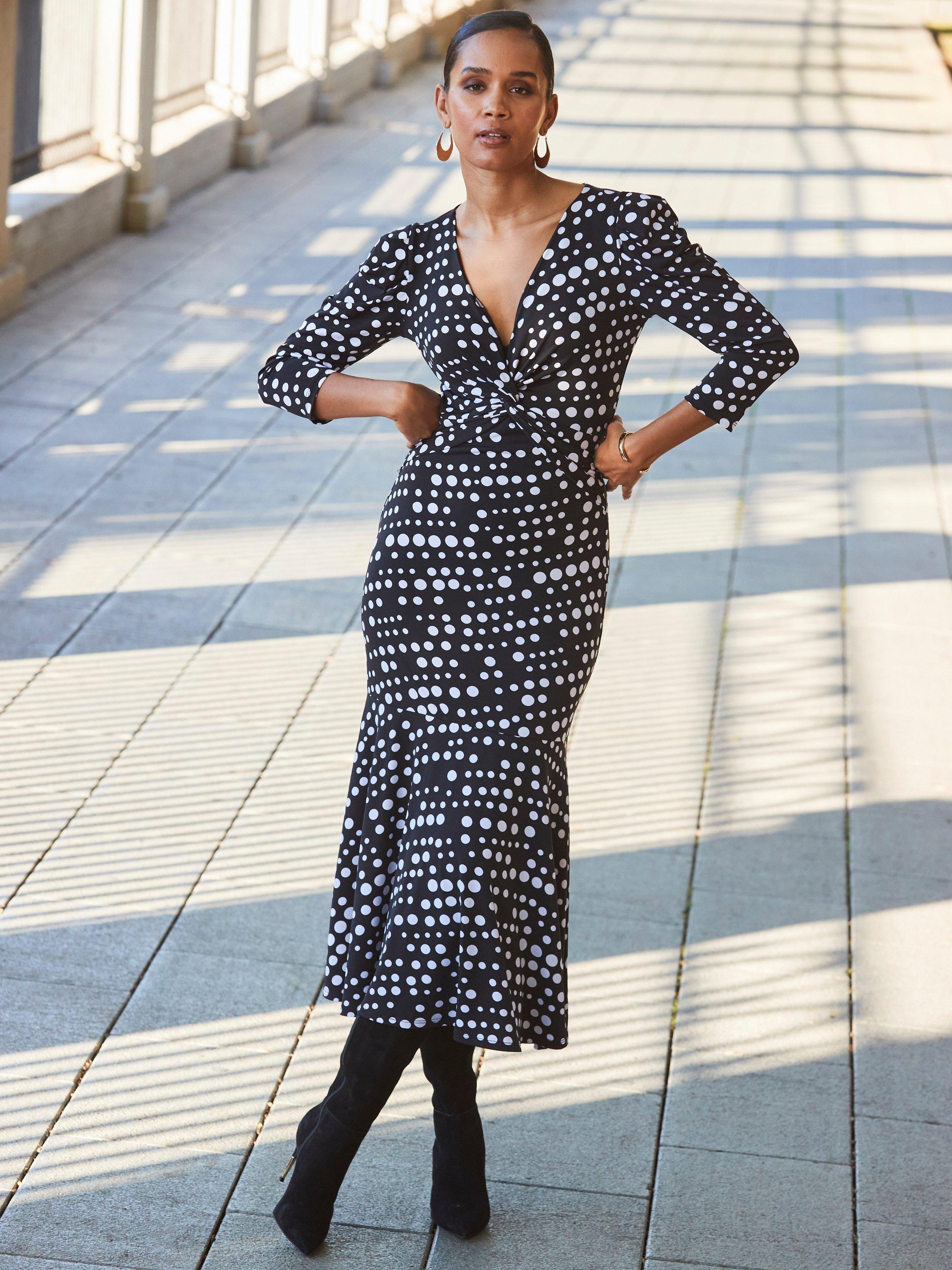 Product image 5 of 5, which shows Sosandar Spot Ruched Midi Dress, Black/White, 10