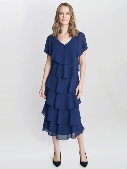 Gina Bacconi Rebecca Tiered Midi Dress, Navy