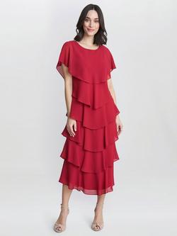 Gina Bacconi Tessa Tiered Shoulder Trim Midi Dress, Red