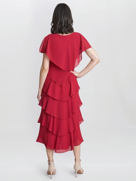 Gina Bacconi Tessa Tiered Shoulder Trim Midi Dress - view 2, Red