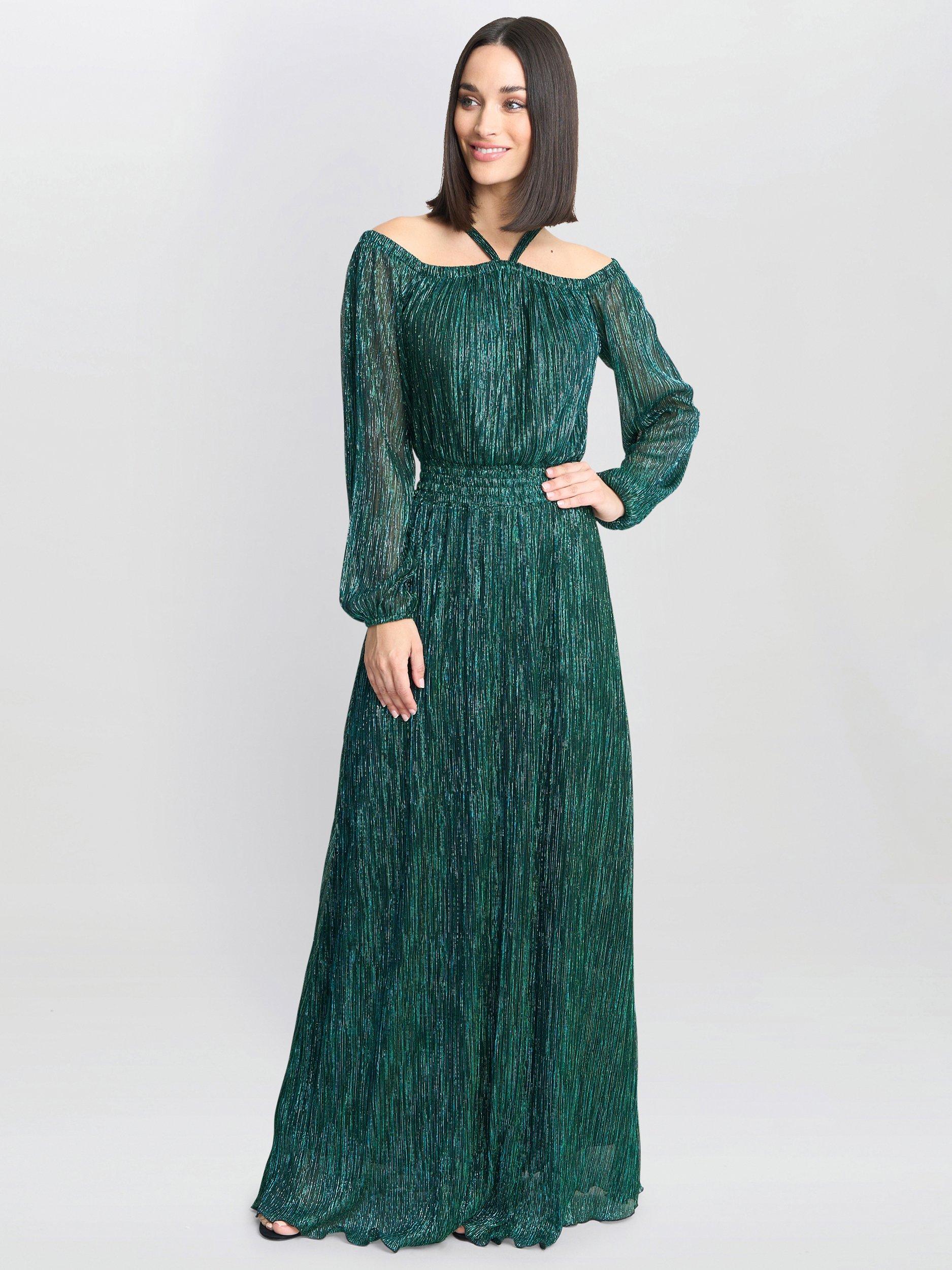 Product image 1 of 5, which shows Gina Bacconi Sylvia Metallic Plisse Dress, Green, S