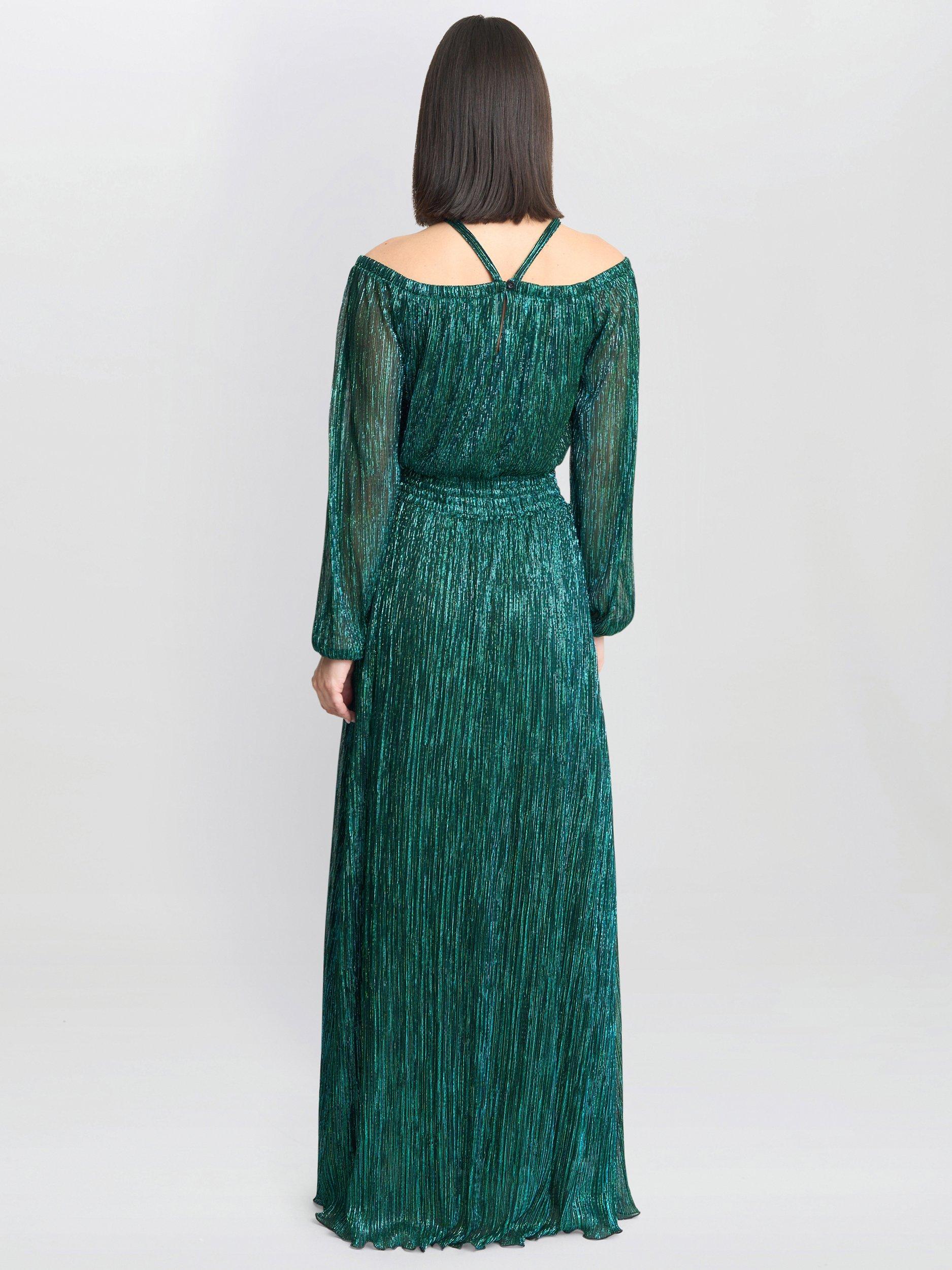 Product image 2 of 5, which shows Gina Bacconi Sylvia Metallic Plisse Dress, Green, S