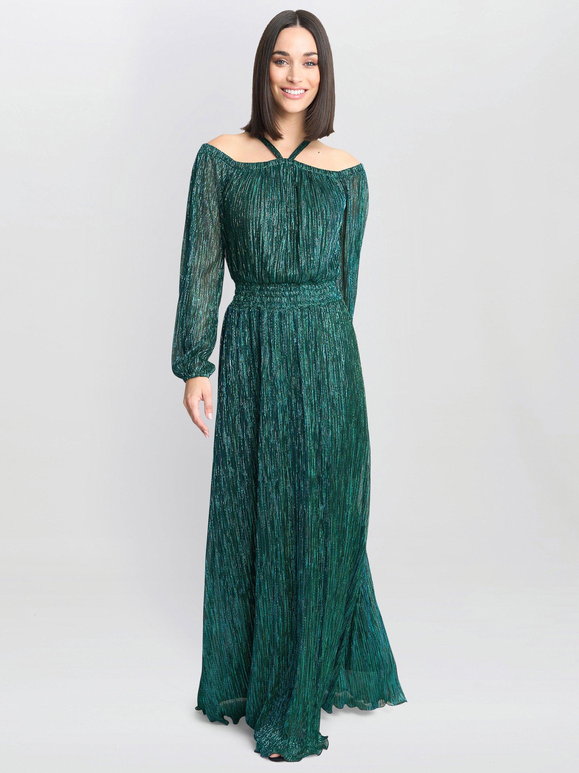 Product image 3 of 5, which shows Gina Bacconi Sylvia Metallic Plisse Dress, Green, S