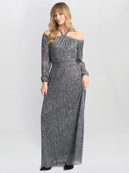 Gina Bacconi Sylvia Metallic Plisse Dress, Sky Blue