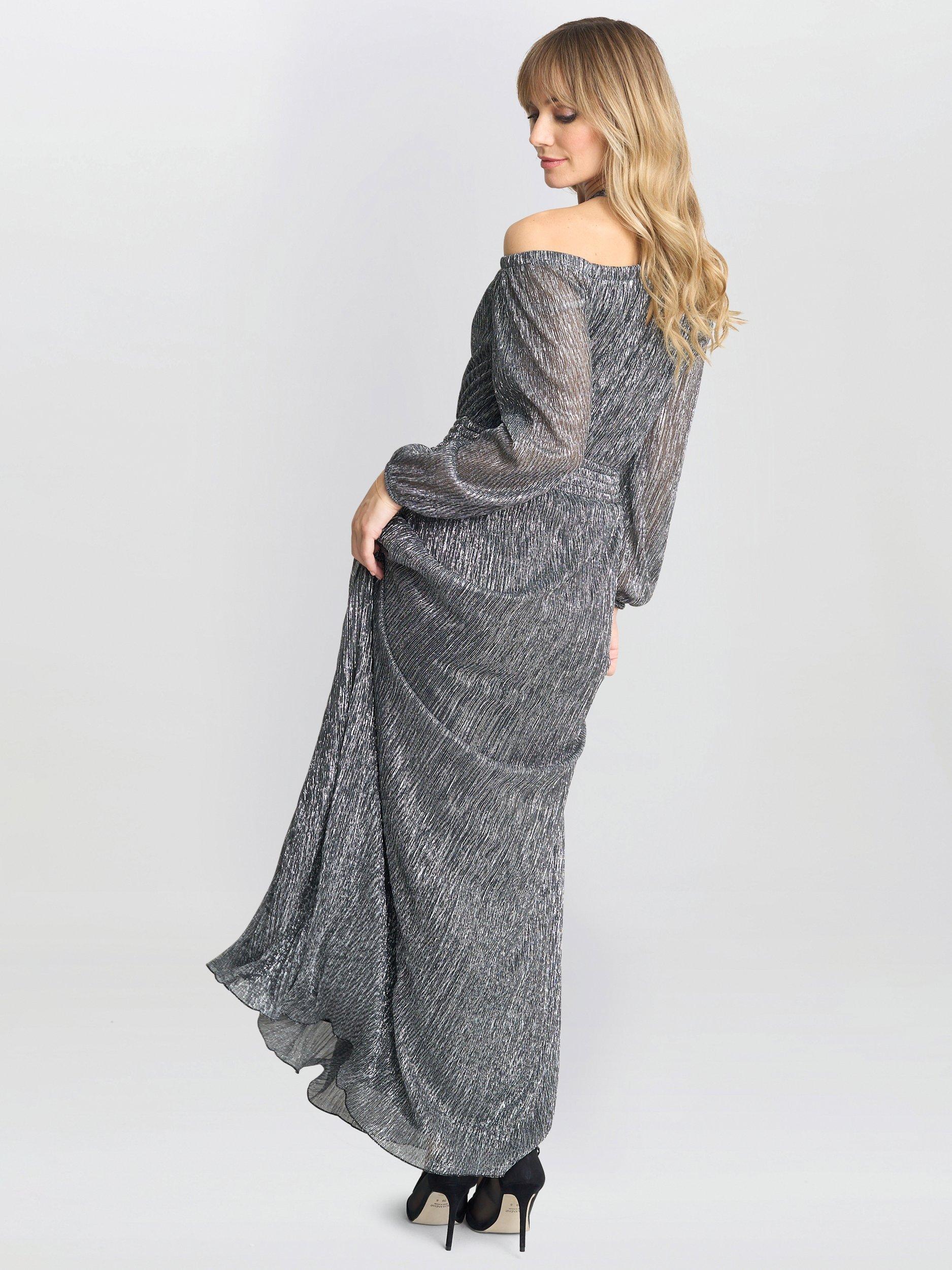 Product image 2 of 4, which shows Gina Bacconi Sylvia Metallic Plisse Dress, Sky Blue, S