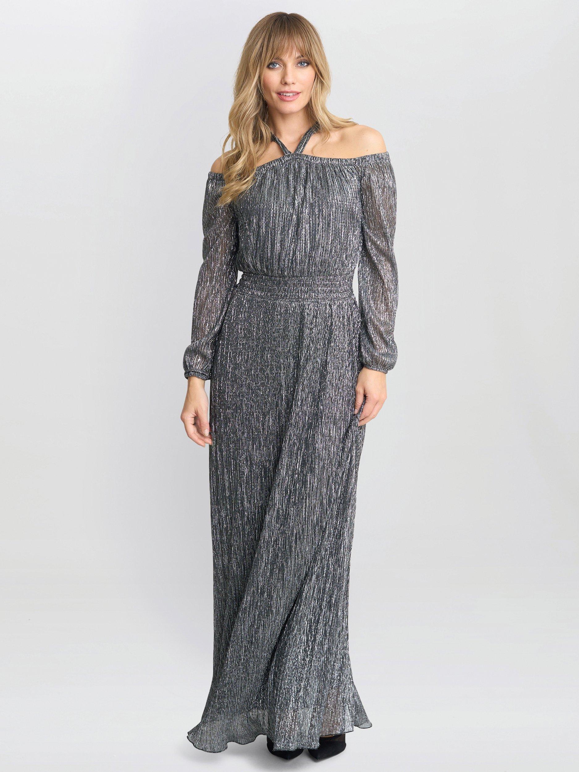Product image 3 of 4, which shows Gina Bacconi Sylvia Metallic Plisse Dress, Sky Blue, S