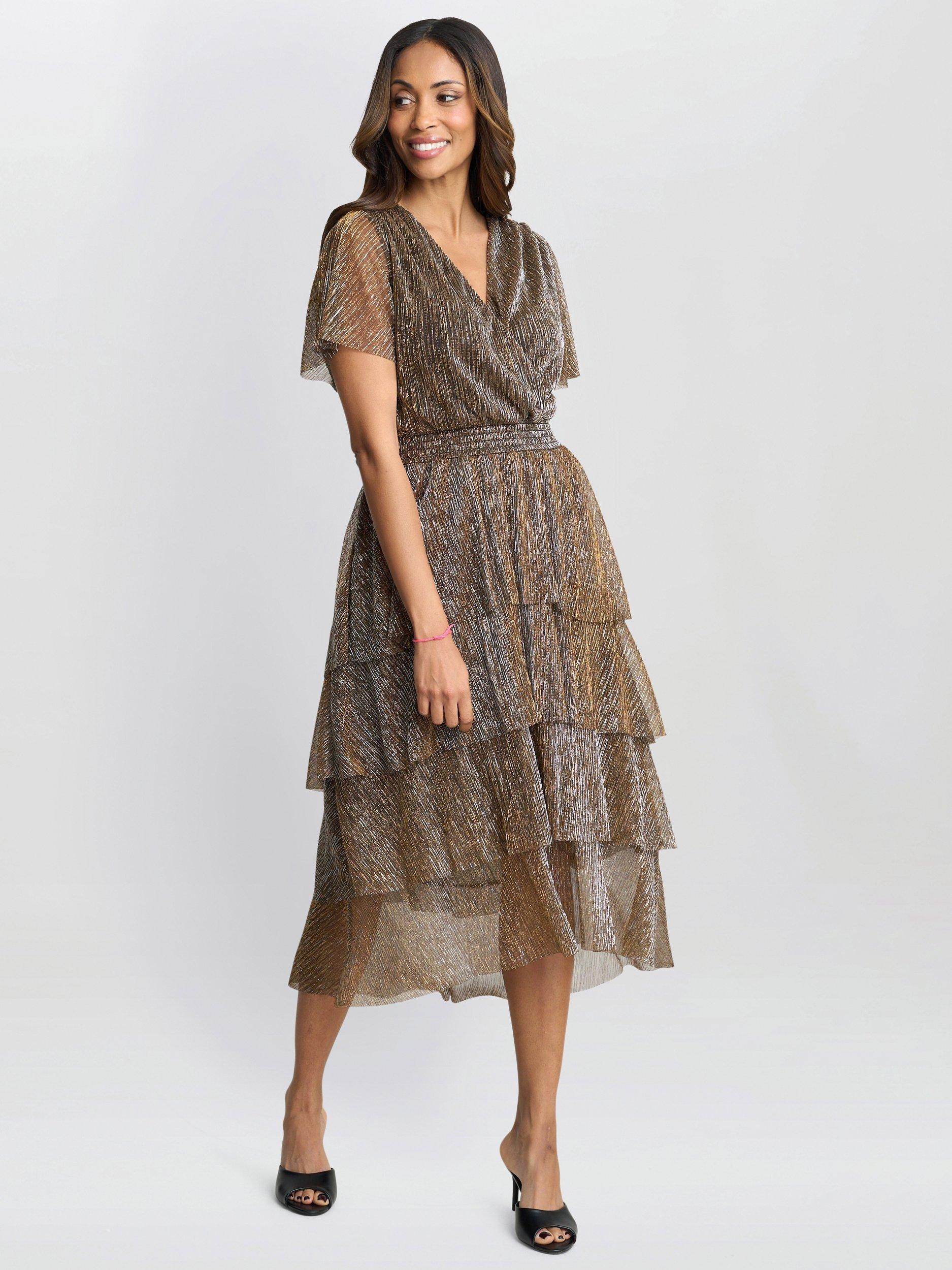 Product image 1 of 8, which shows Gina Bacconi Cheri Metallic Tiered Dress, Black/Gold, 8