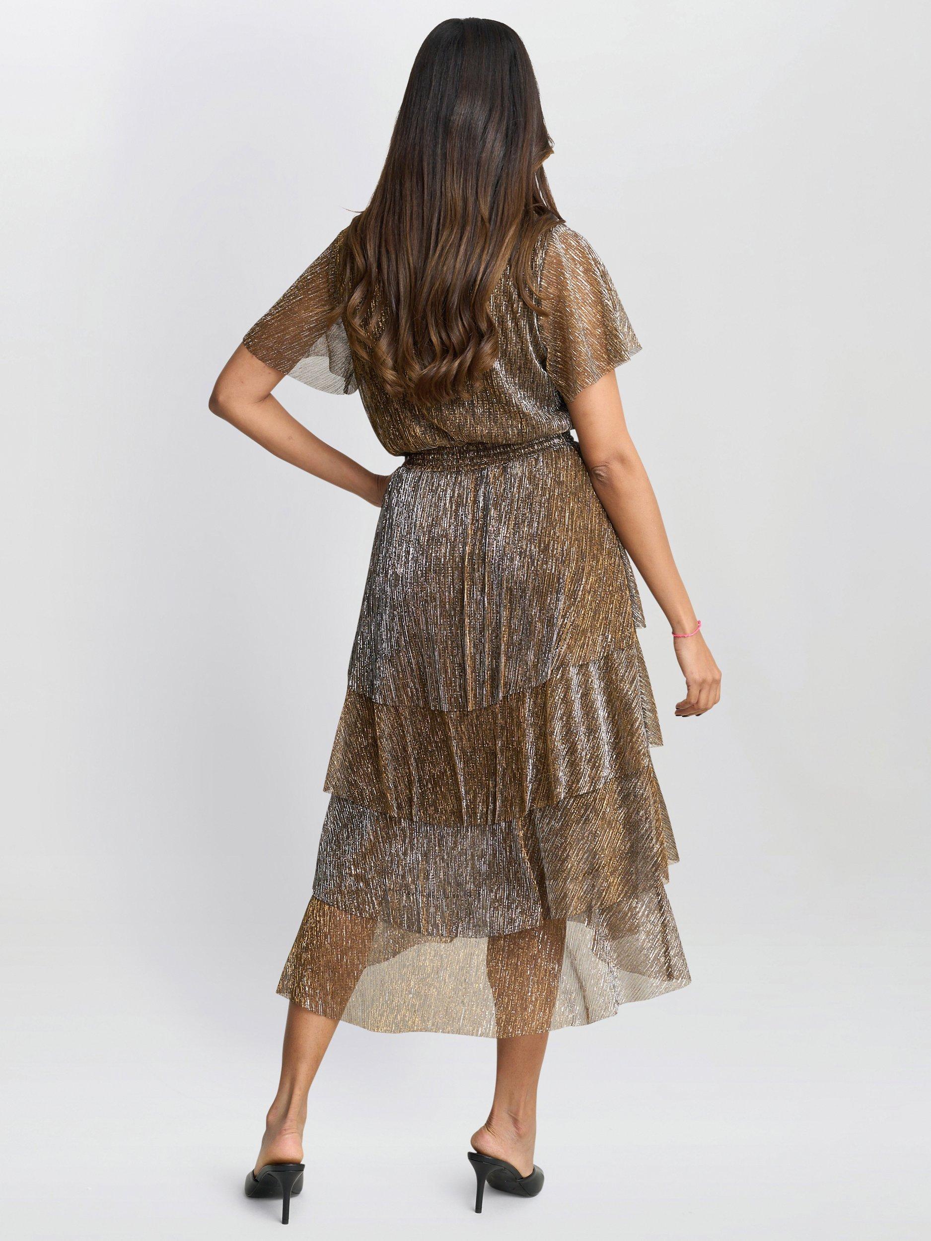 Product image 2 of 8, which shows Gina Bacconi Cheri Metallic Tiered Dress, Black/Gold, 8
