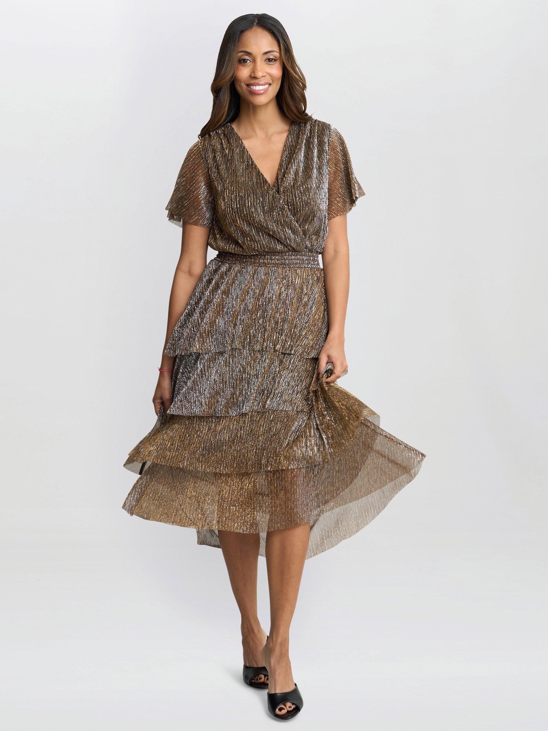 Product image 3 of 8, which shows Gina Bacconi Cheri Metallic Tiered Dress, Black/Gold, 8