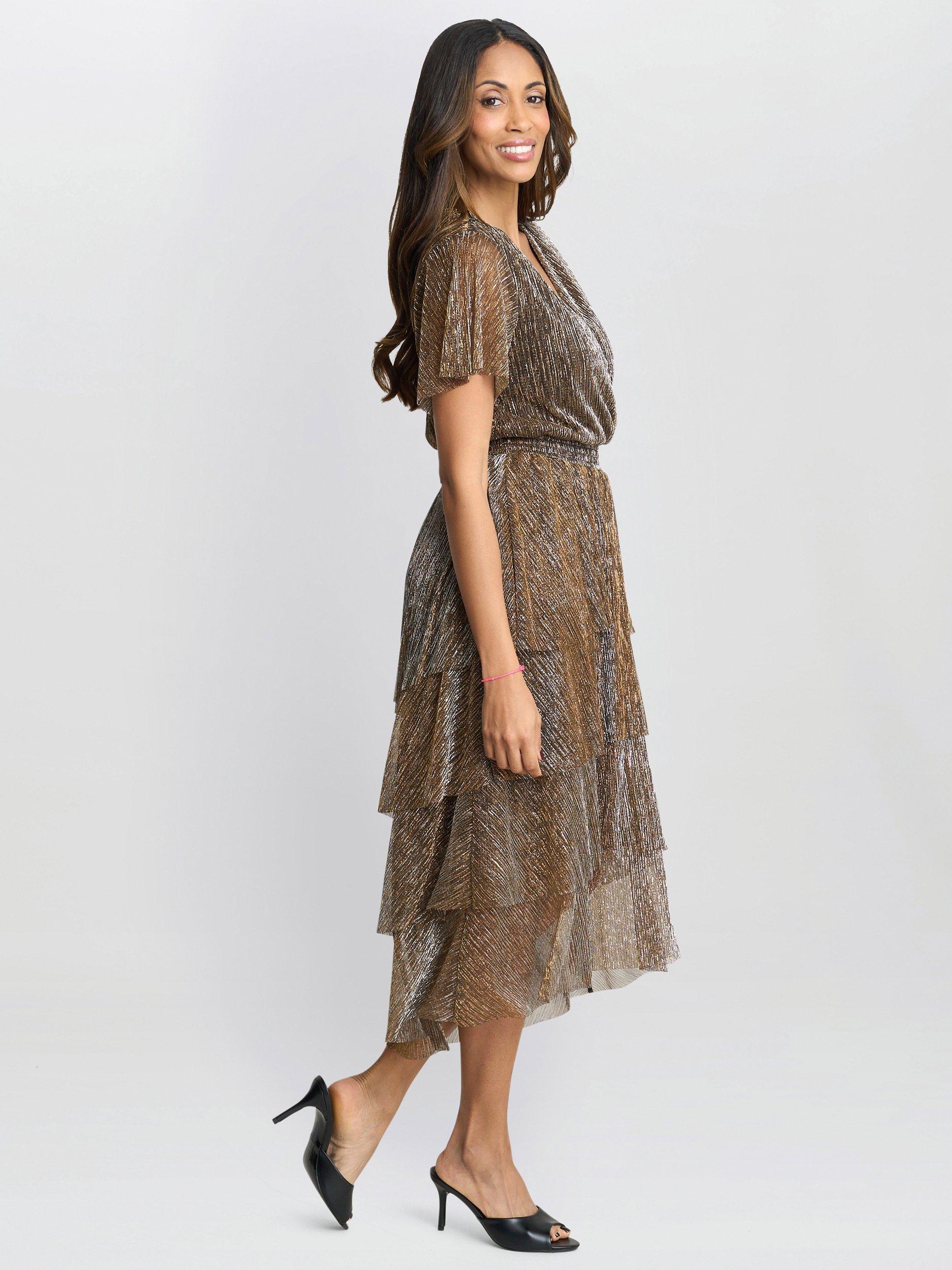 Product image 7 of 8, which shows Gina Bacconi Cheri Metallic Tiered Dress, Black/Gold, 8