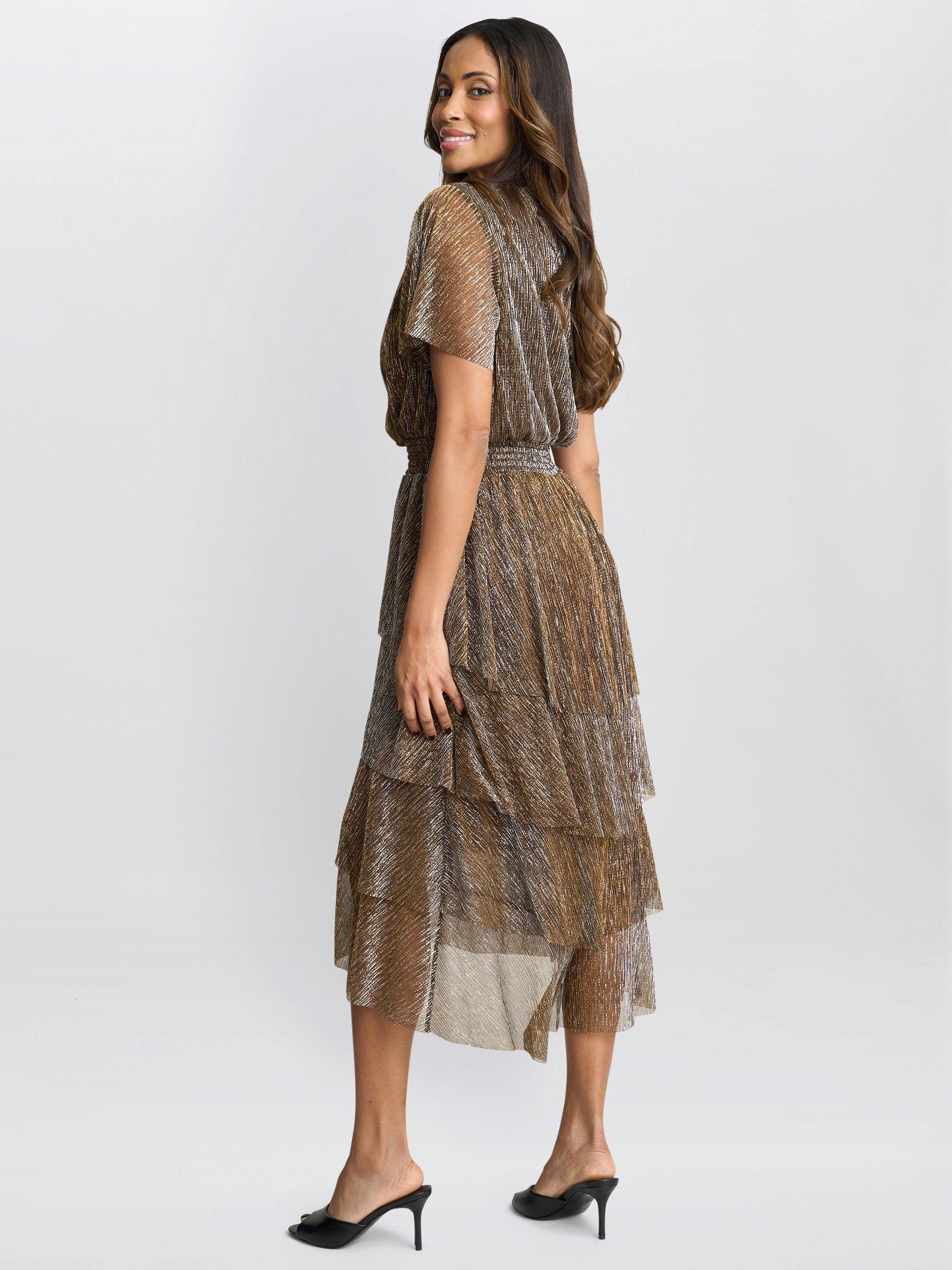 Product image 8 of 8, which shows Gina Bacconi Cheri Metallic Tiered Dress, Black/Gold, 8